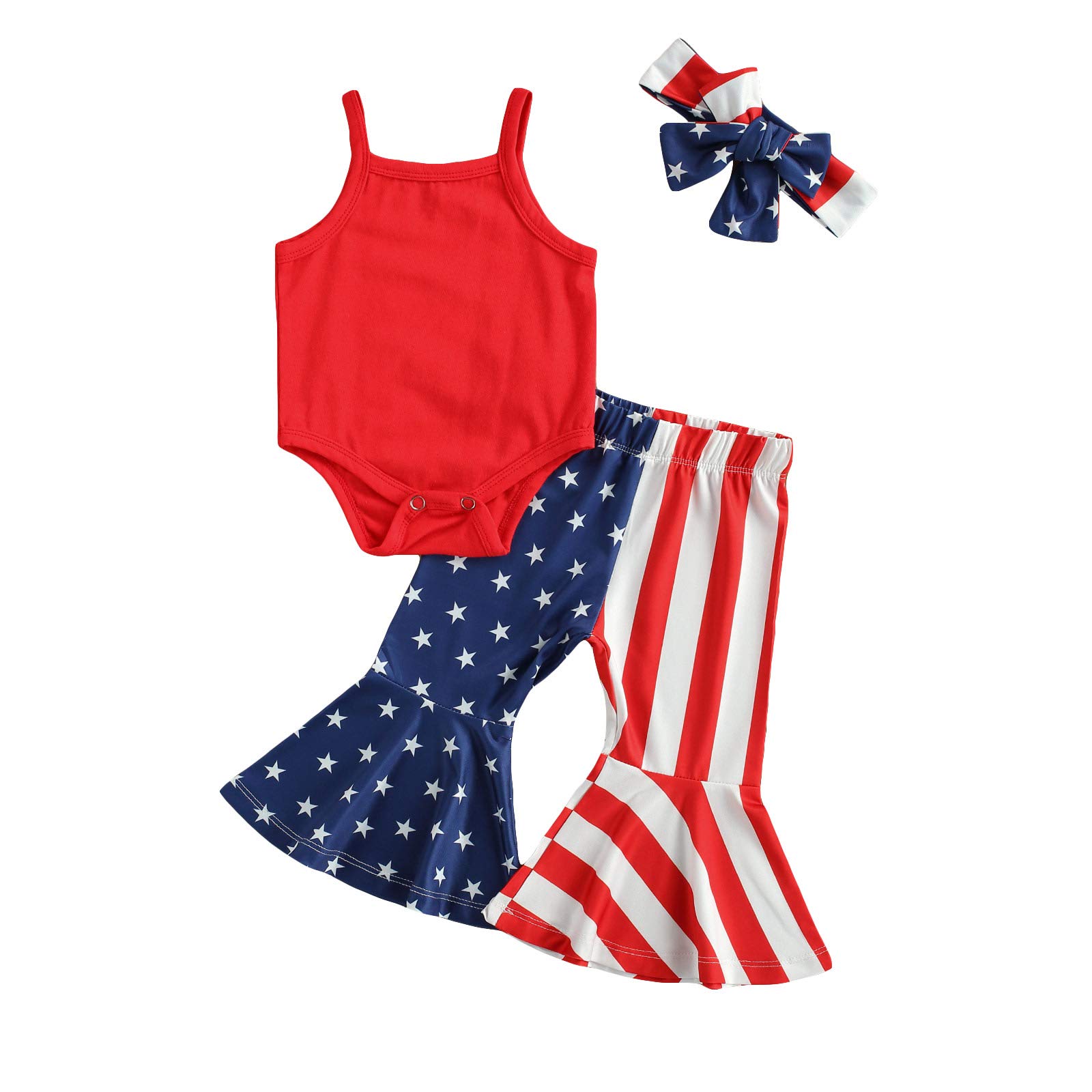 FYBITBO Newborn Baby Girl First 4th of July Outfit Straps Romper+US Stars Stripes Flag Pants Fourth of July Outfit (12-18 Months,Stars and Stripes Print,)
