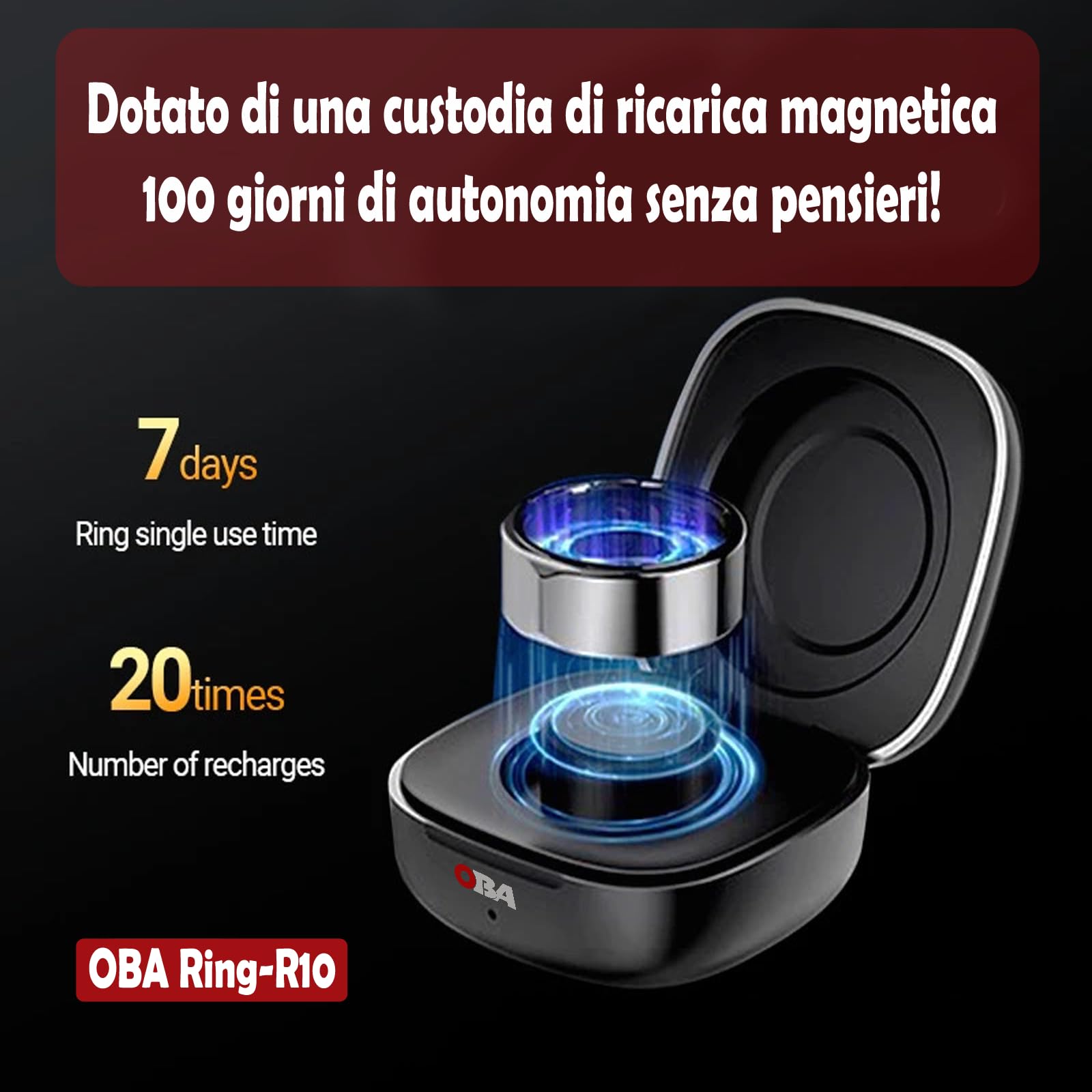 Oba R10 - Anillo Inteligente con Contador de Pasos, Distancia, calorías, frecuencia cardíaca, Calidad del sueño, Nivel de estrés, oxígeno en Sangre, aplicación de Cobertura de cerámica (tamaño - XL,