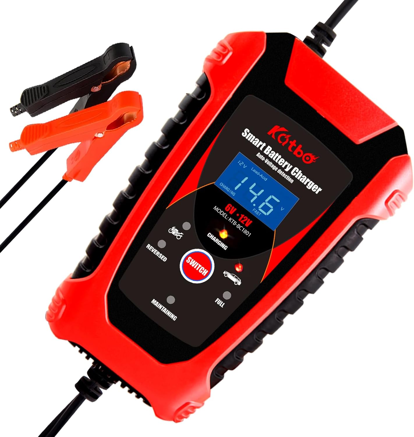 KATBO Car Battery Charger Trickle Charger Float Battery Charger and Maintainer 6V 12V 6A for Motorcycle Boat Marine Lawn Mower ATV Toy Car (Red)