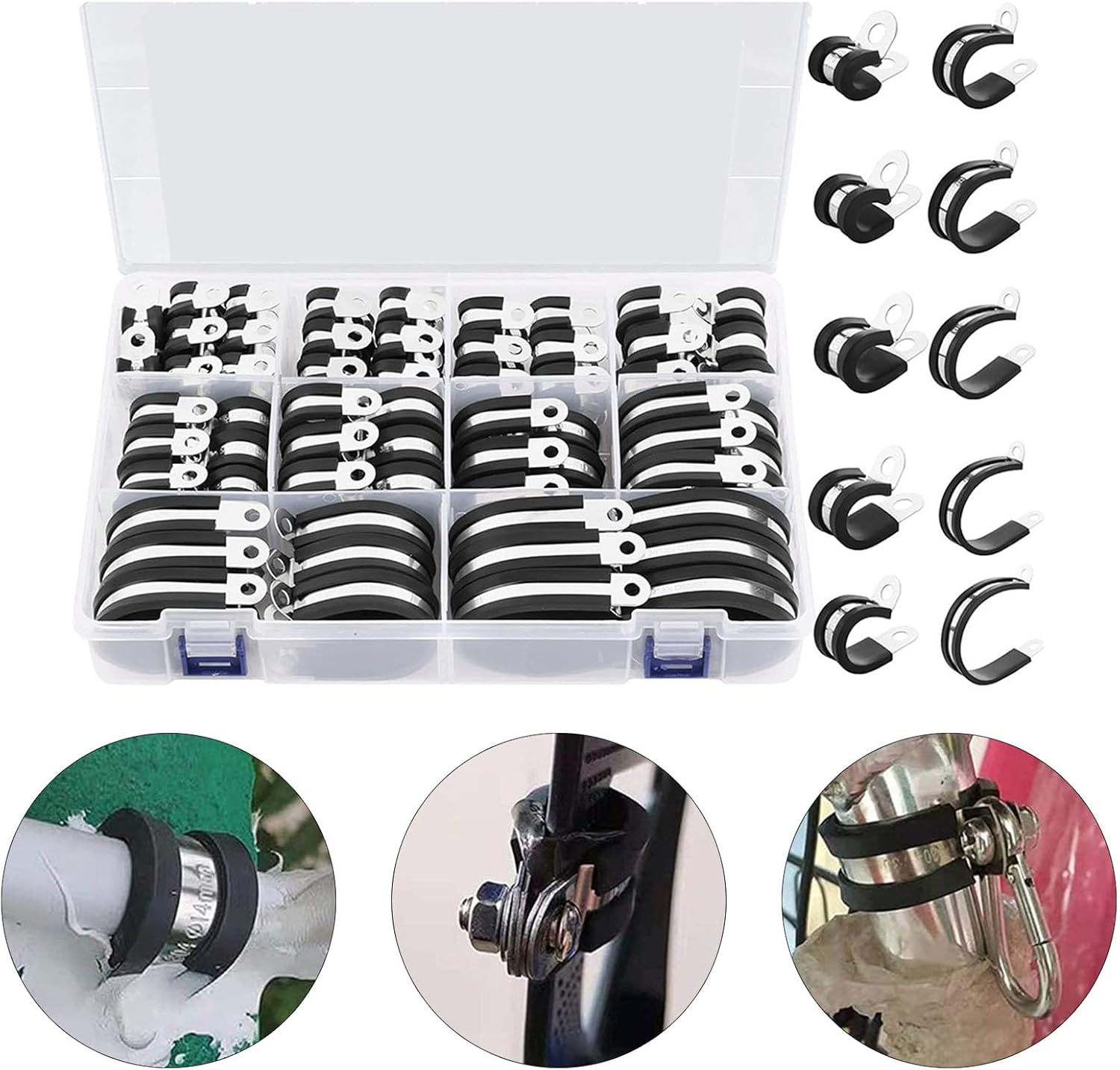 110Pcs Cable Clamps Assortment Kits Stainless Steels Rubber Cushion Pipe Automotive Wire Pipe Enduring Cable Clamps Assortment Kits