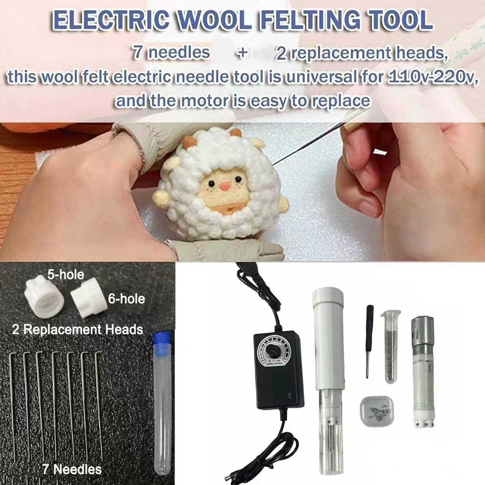 COYEUX Tragbare Hand-Nadelfilzmaschine, Elektrisches Wollfilzwerkzeug, Einstellbarer Hub 0–3 cm, Mit 7 Nadeln/2 Ersatzköpfen/1 Ersatzmotor, Einstellbare Geschwindigkeit, Für Wollfilzhandwerk