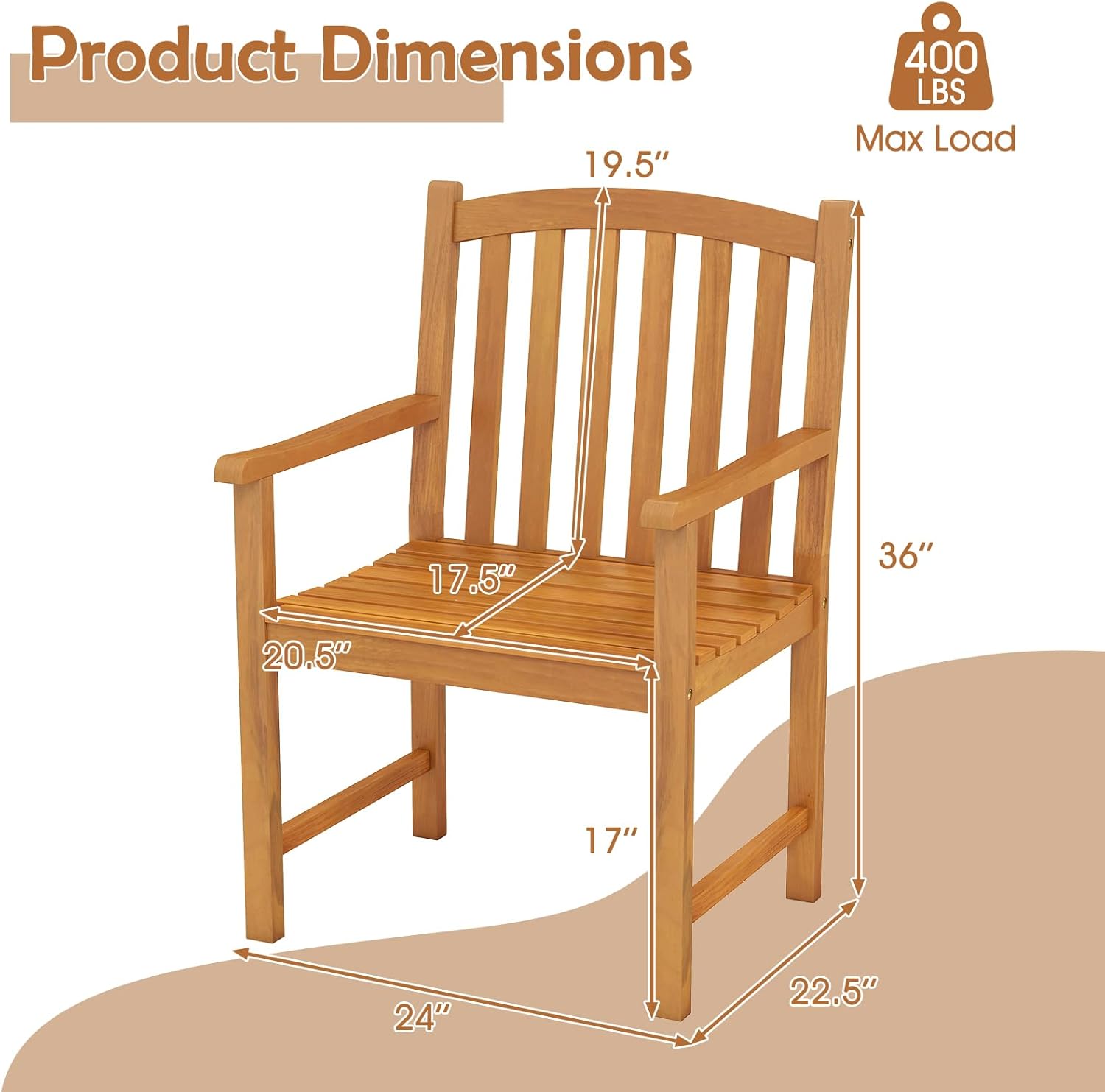 Tangkula Acacia Wood Patio Dining Chairs Set of 2, Heavy Duty Outdoor Armchairs with Inclined Slatted Backrest & Seat, Outside Chairs for Backyard, Poolside, Porch, Yard, Balcony, Natural
