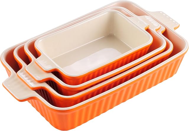 MALACASA, Series Bake, 4-Piece 9"/11"/12"/13.3" Bakeware Pan Porcelain Loaf Tin Tray Oven Dish China Ceramic Baking Plates (Set of 4) Orange
