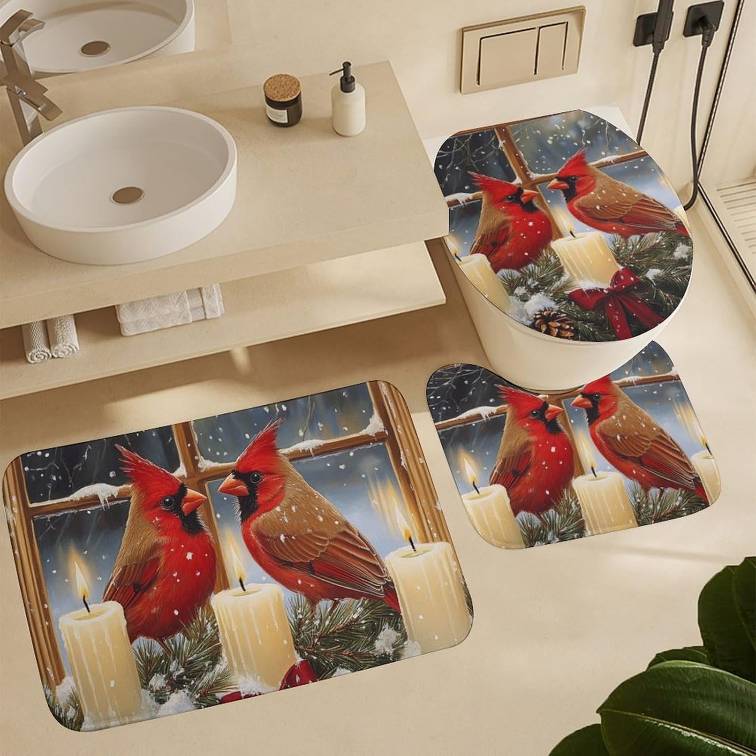 4Pcs Candle Pine Leaf Fantasy Shower Curtain Sets, 4pcs Christmas Bird Shower Curtains for Bathroom with Rugs, Toilet Lid Cover, Bath Mat, 72" x 72"