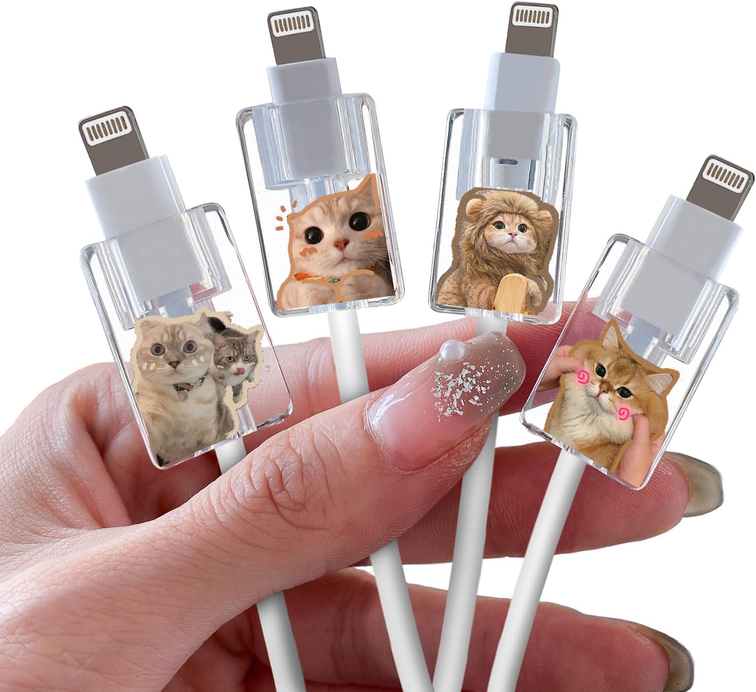 Cartoon Cable Protector for iPhone Type-c Charger,Cute Kawaii Cat Pattern 4 PCS Set Clear Cable Case for Women Girls Kids,Cable Sleeve Charging Cord Protector Cable Chomper Cord Saver