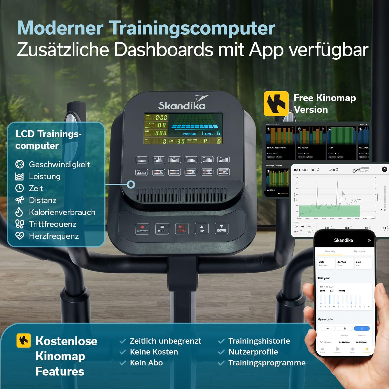 Skandika Crosstrainer für Zuhause Carbon P23 | klappbar, Ellipsentrainer mit 23 Programmen, 16 Stufen, platzsparend, leise, Kinomap App kompatibel, moderner Computer, kompakt, Cardio, Bis 135Kg