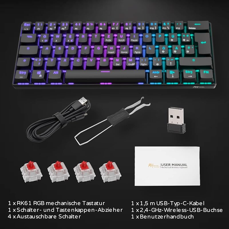RK ROYAL KLUDGE RK61 RGB 60% Mechanikus Gamer Billentyűzet, Vezeték Nélküli/Vezetékes Bluetooth, Hot-Swap Lineáris Red Switch, Többeszközös
