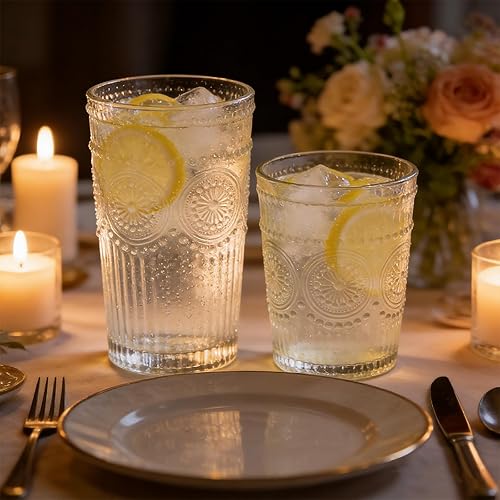 Miniatura 4 de Juego de 12 vasos de bebida vintage, vasos highball de 12 oz y vasos de cristalería acanalados en relieve de 9 oz para cóctel, agua, jugo, café,