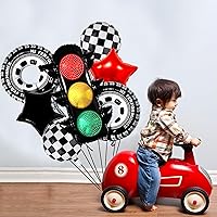 Vista 2 de Juego de 7 globos de fiesta de autos de carreras, semáforo, globos a cuadros, globos de neumáticos, decoración de fiesta de cumpleaños rápida