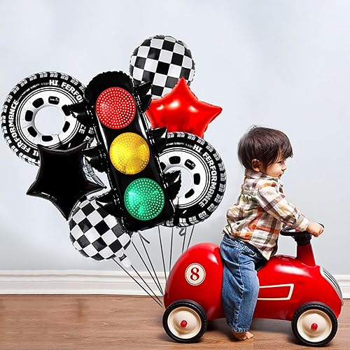 Vista 2 de Juego de 7 globos de fiesta de autos de carreras, semáforo, globos a cuadros, globos de neumáticos, decoración de fiesta de cumpleaños rápida