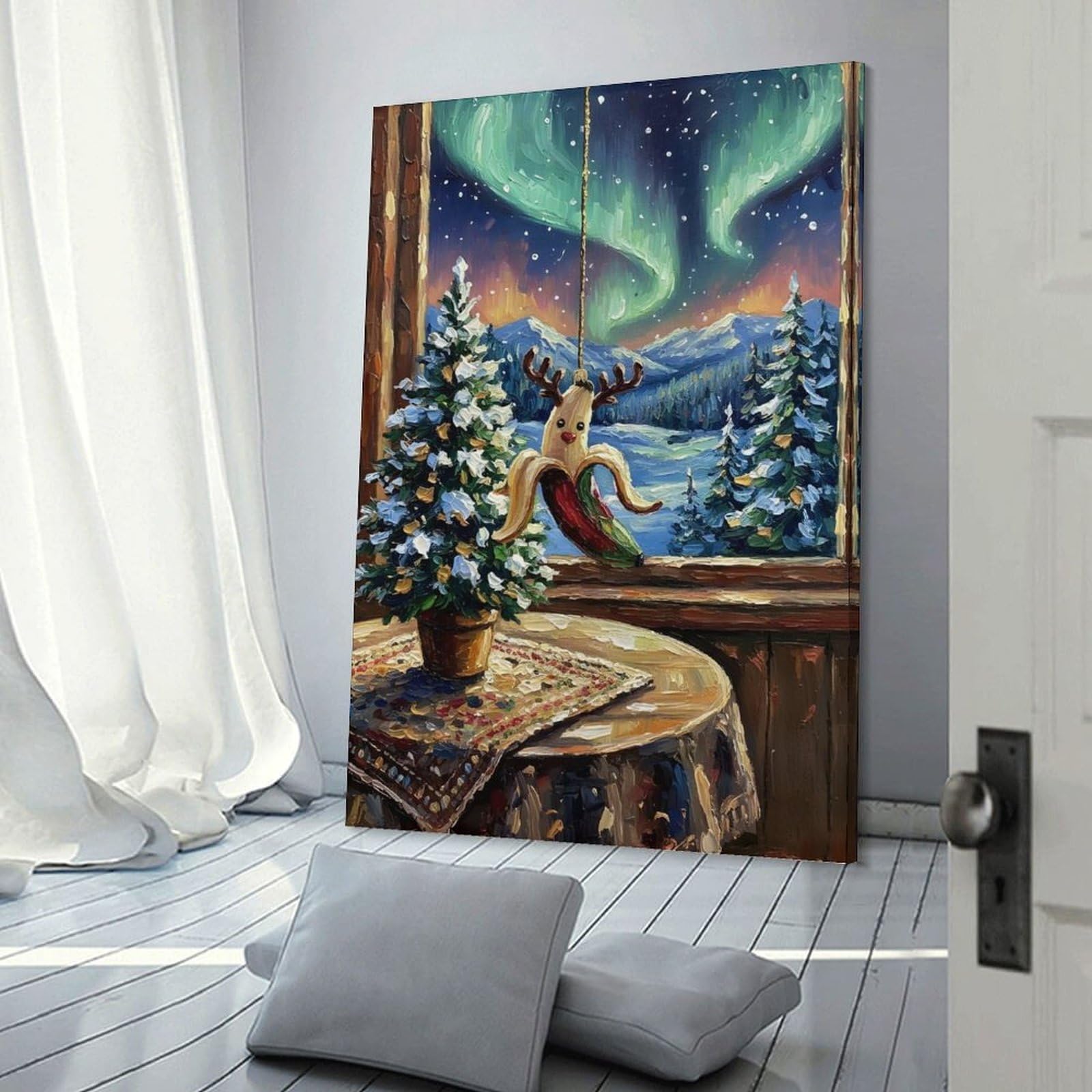 Junmoney Frame-Style-18 Christmas Banana Reindeer Ornament Painting Home Decor Wall Art 24X36inch(60X90cm), For Lounge, Study, Hallway Or Flat Walls, Stylish Home Artwork For Focal Walls