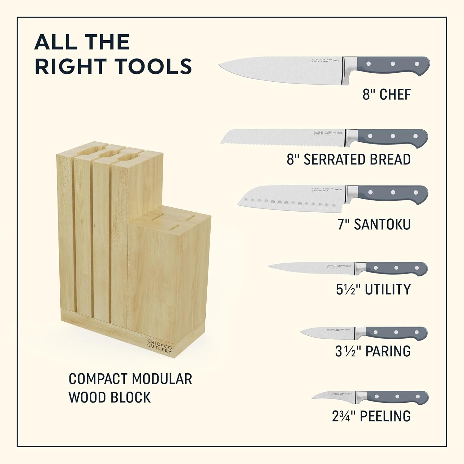 Chicago Cutlery Halsted (7-PC) Steak Knives & Wooden Block Set, Ergonomic Handles and Sharp Stainless Steel Professional Chef Cutlery Set