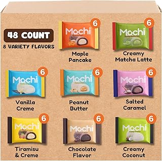 Japanese Mochi Daifuku Assorted Flavors, 48 Count – 8 Variety Pack With Peanut Butter, Vanilla, Tiramisu, Matcha, Chocolate, Coconut, Salted Caramel & Maple Pancake – Wagashi Snacks for Home, Office, Travel