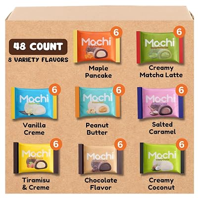 Japanese Mochi Daifuku Assorted Flavors, 48 Count – 8 Variety Pack With Peanut Butter, Vanilla, Tiramisu, Matcha, Chocolate, Coconut, Salted Caramel & Maple Pancake – Wagashi Snacks for Home, Office,
