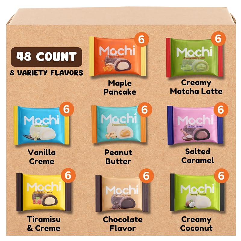 Japanese Mochi Daifuku Assorted Flavors, 48 Count – 8 Variety Pack With Peanut Butter, Vanilla, Tiramisu, Matcha, Chocolate, Coconut, Salted Caramel & Maple Pancake – Wagashi Snacks for Home, Office,