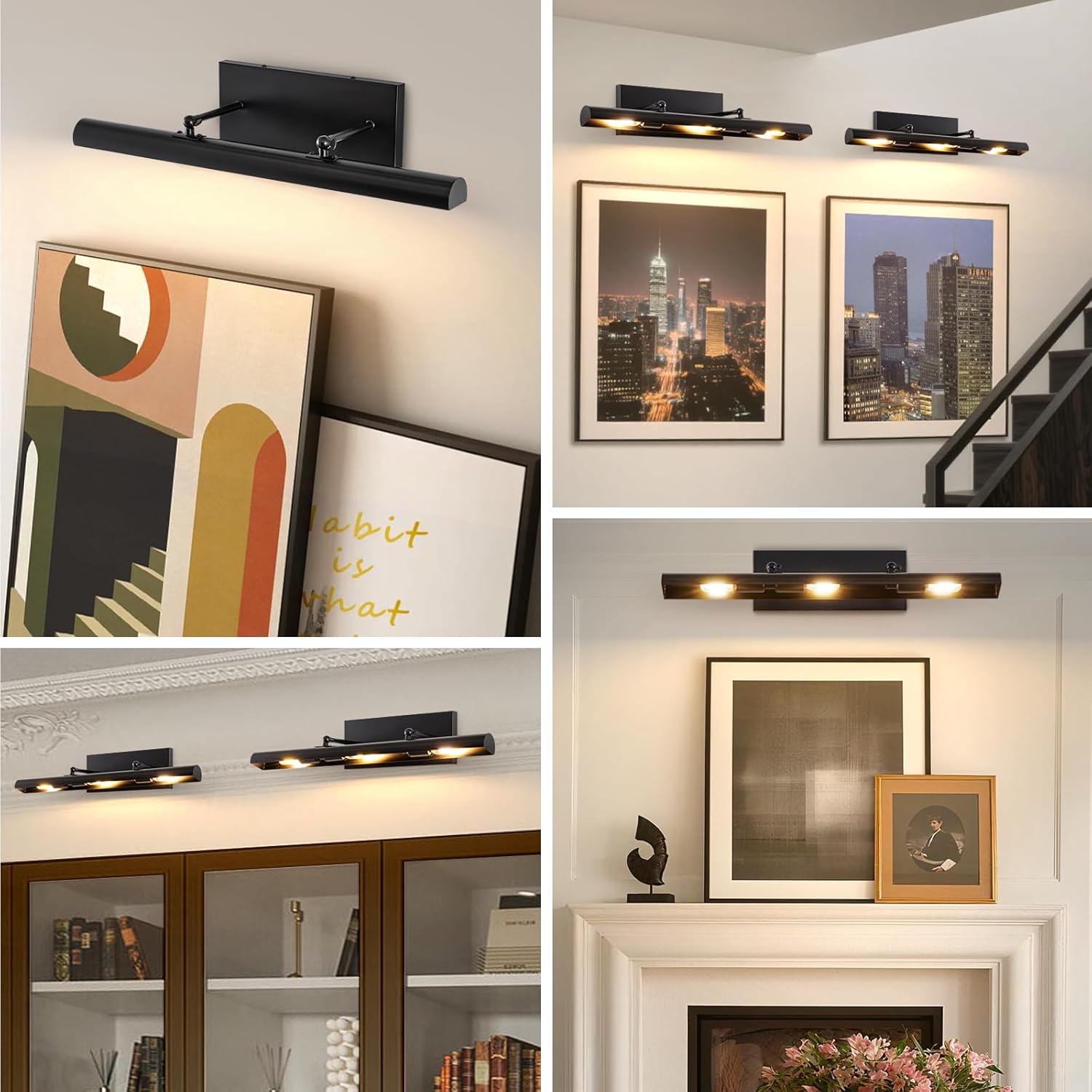 BELS Picture Lights for Wall Hardwired, 24" Black Wall Lights for Pictures,3-Light 2700k,Non-Dimmable, 270° Adjustable Swing Arm, Hardwired Wall Light for Artwork Poster Portrait Library Display