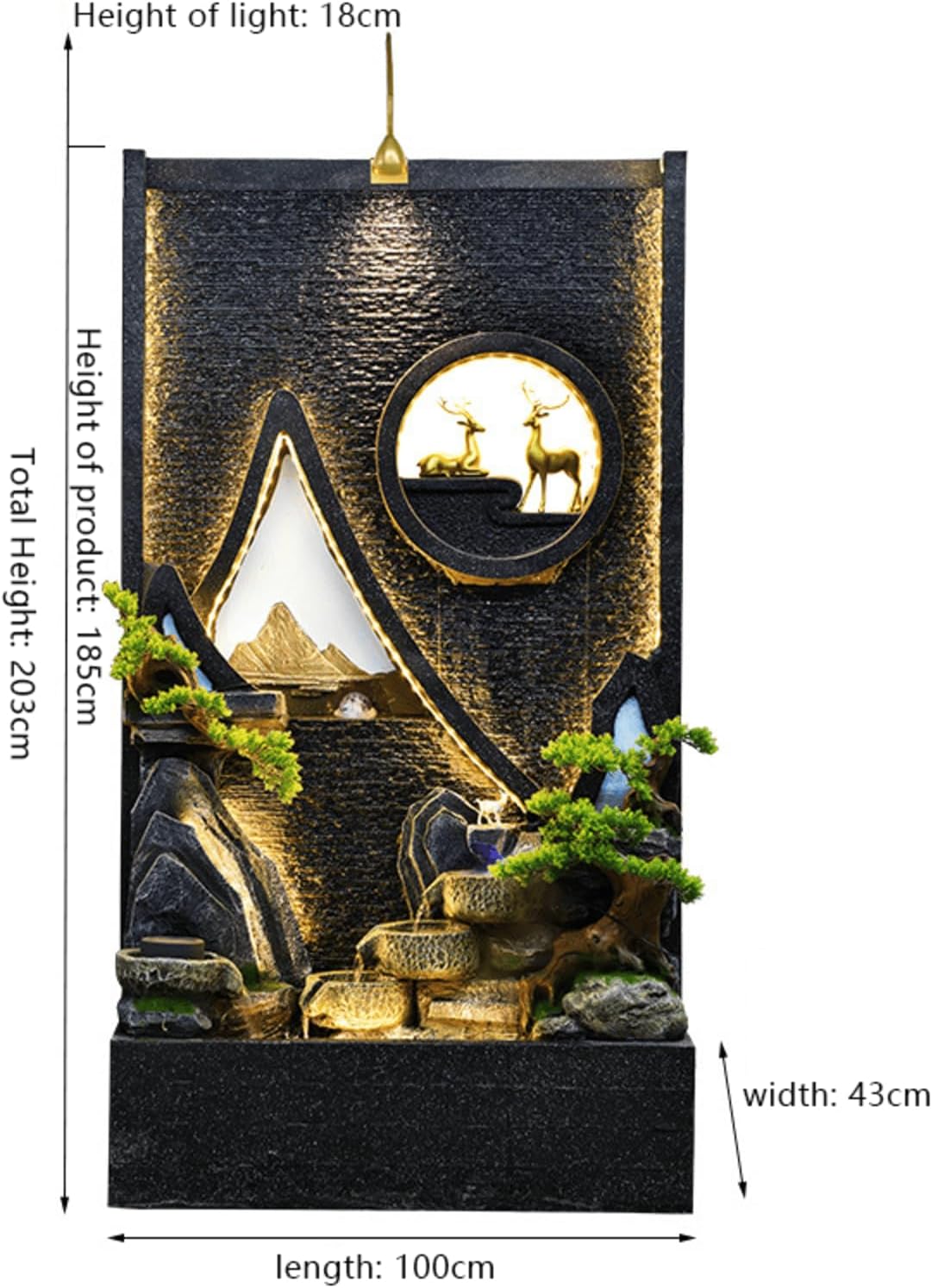 Indoor Floor Water Fountain - LED Light Decor with Bonsai Tree and Deer Sculpture for Home, Office, Zen Garden, and Luxury Interior Decoration(#C)
