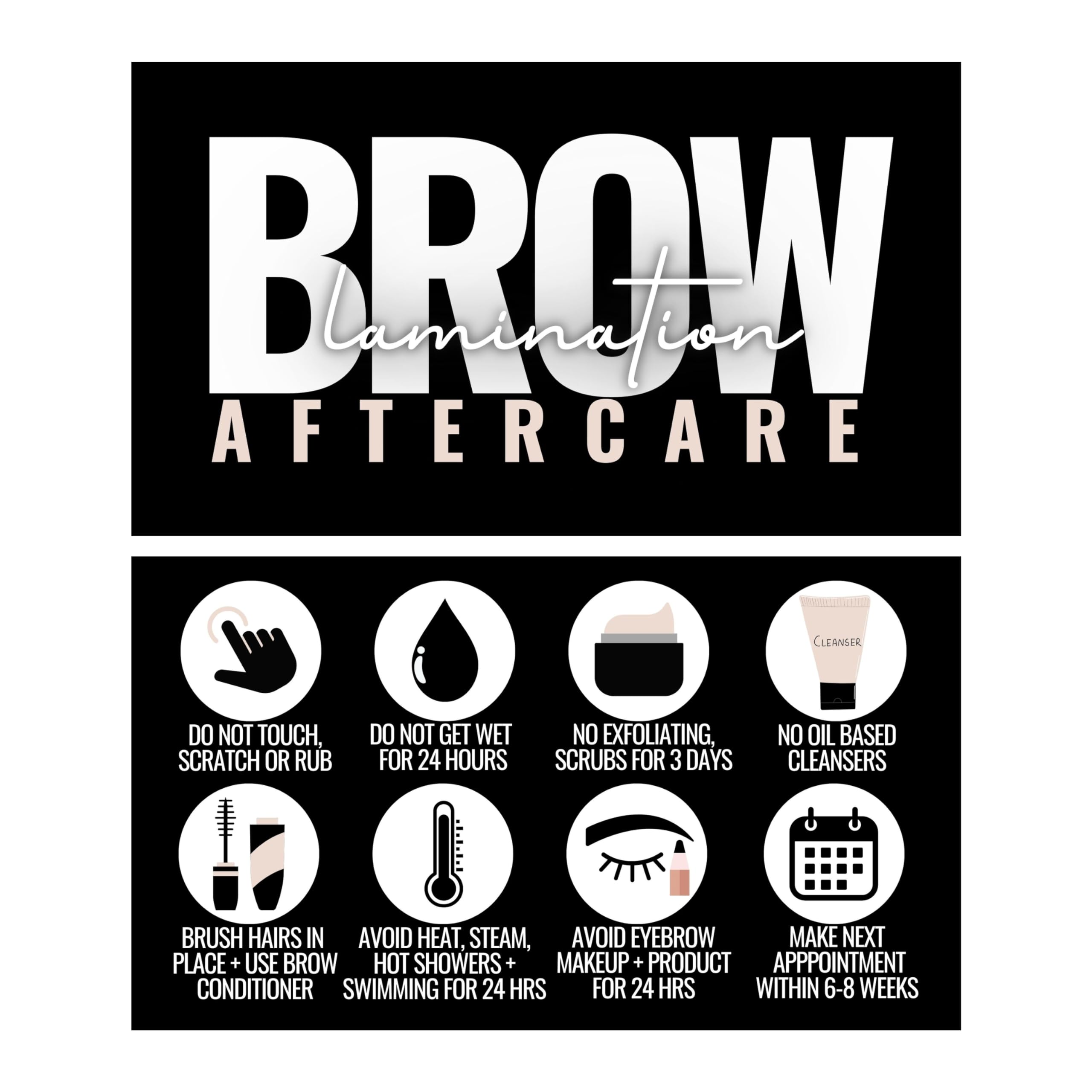 Cute Modern Brow Lamination After Care Cards/Pack of 55 business card size brow lamination aftercare cards perfect after appointment reminder (Black and White)