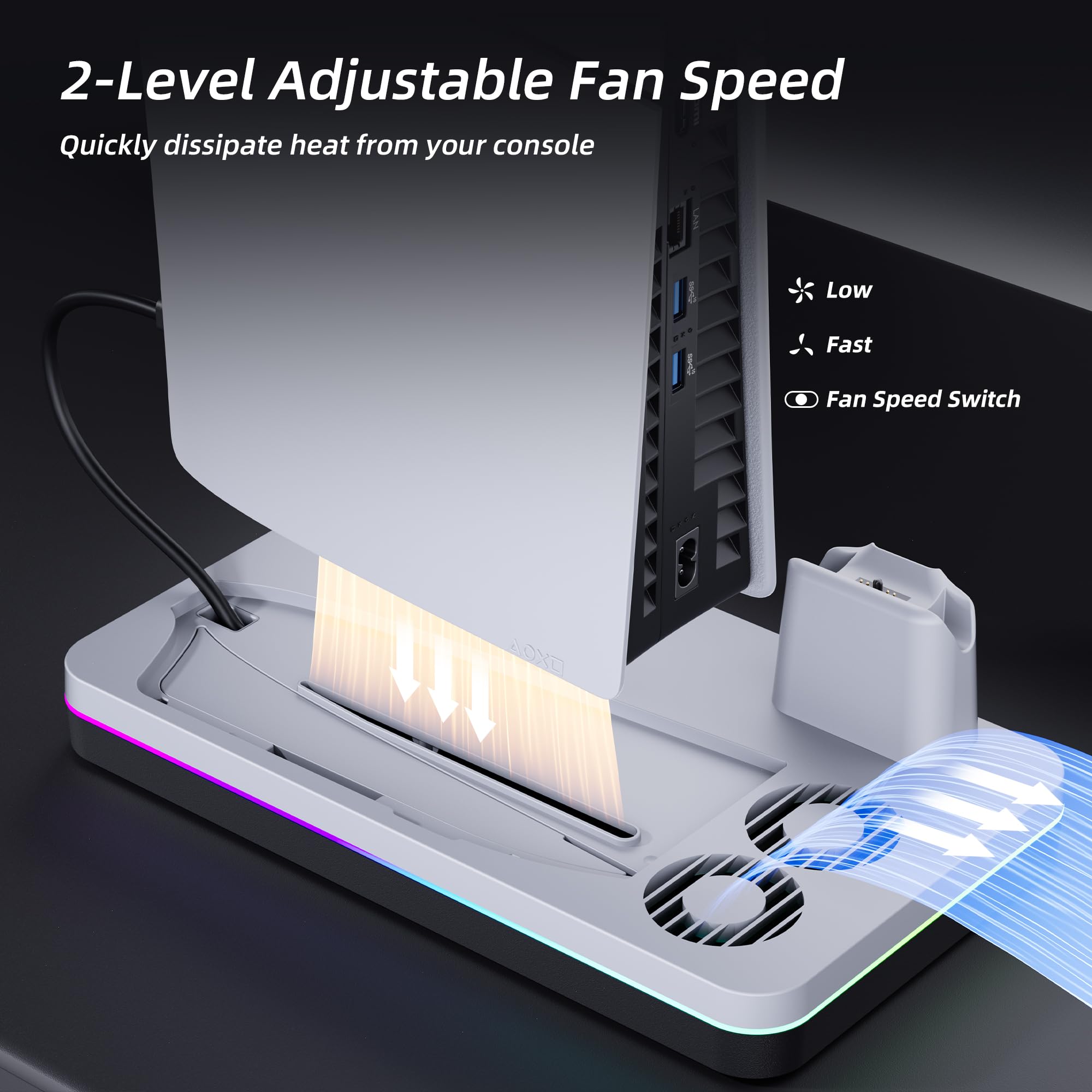Mytrix Fast Charging Stand RGB Cooling Fan for PS5 Slim Console (Disc & Digital), with Controller Charging Station, Controller Charger, 3 Speeds Cooling Fan, Headset Holder, RGB Lights & 3 USB Ports