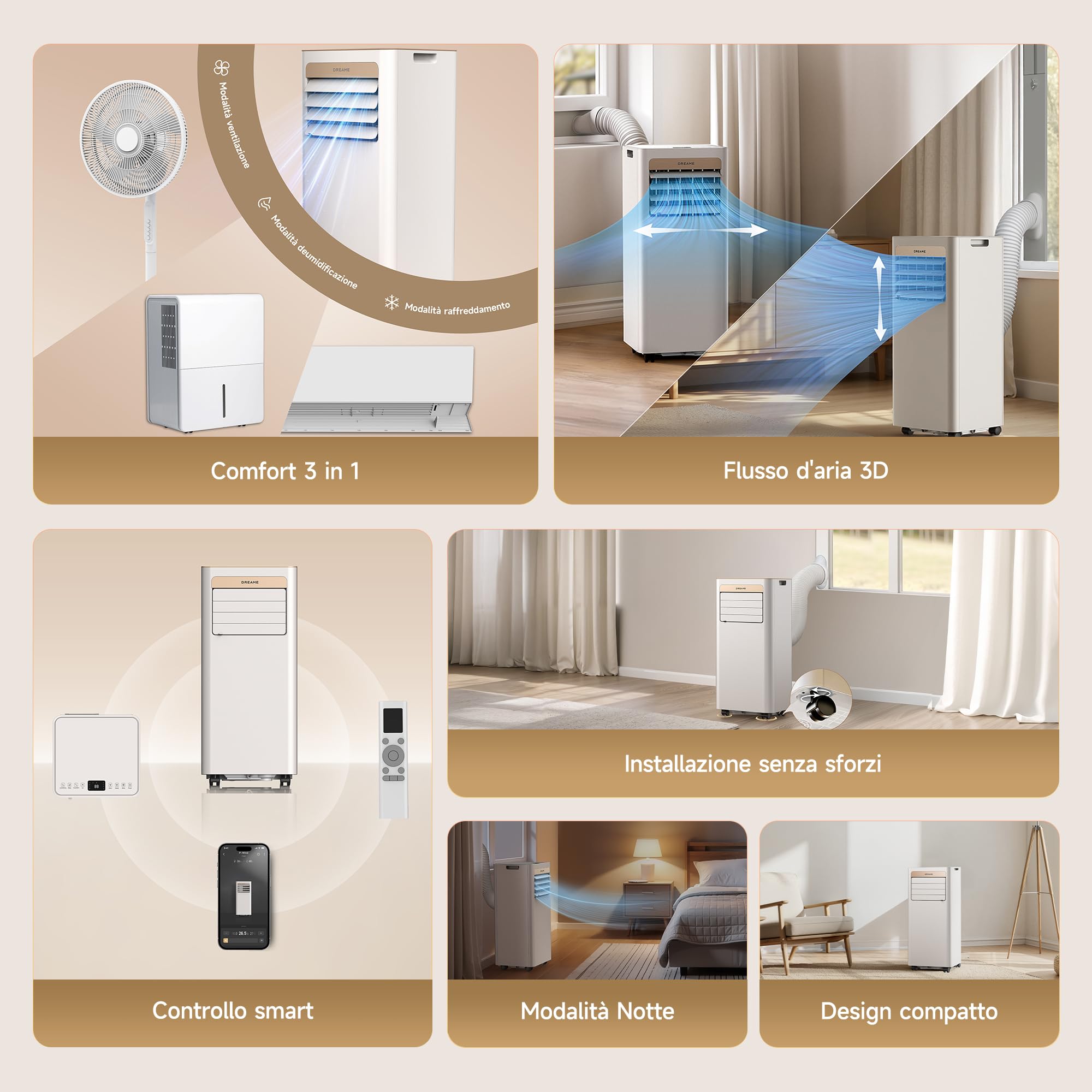 DREAME P-Wind10 9000 BTU Condizionatore Portatile 3-in-1: Raffreddamento, Deumidificazione e Ventilazione, Flusso d’aria 3D, Controllo tramite App e Telecomando, Modalità Notturna,Installazione Facile