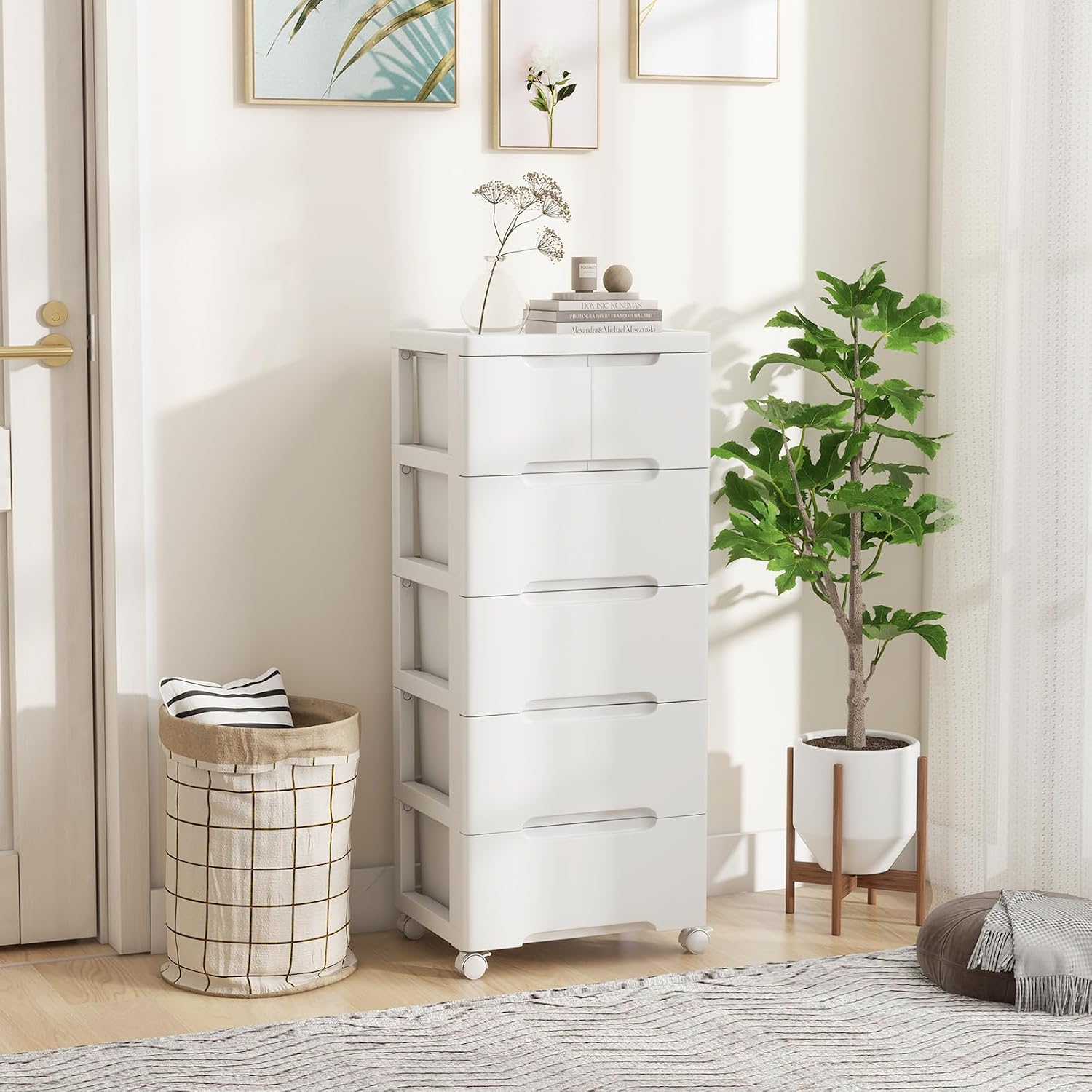 LOKO 6-Drawer Plastic Rolling Storage Cart, Mobile Storage Cabinet with 4 Universal Wheels, Vertical Storage Tower Container Unit for Living Room, Home Office, White (16”x13”x38” (6 Drawers))