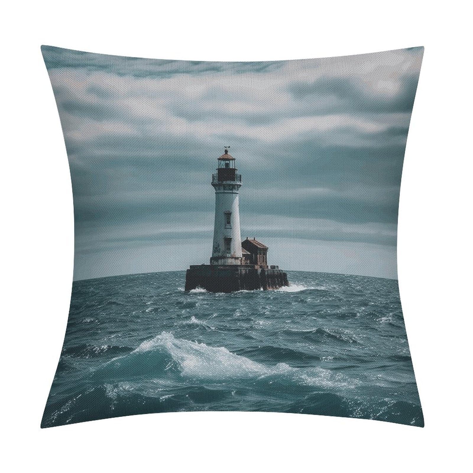 LZQPOEAS Lighthouse Ocean Throw Pillow Covers, Waterproof Faux Linen Pillow Cases with Invisible Zipper, Decorative Square Cushion Covers for Sofa Couch Living Room Bedroom 18x18 Inch