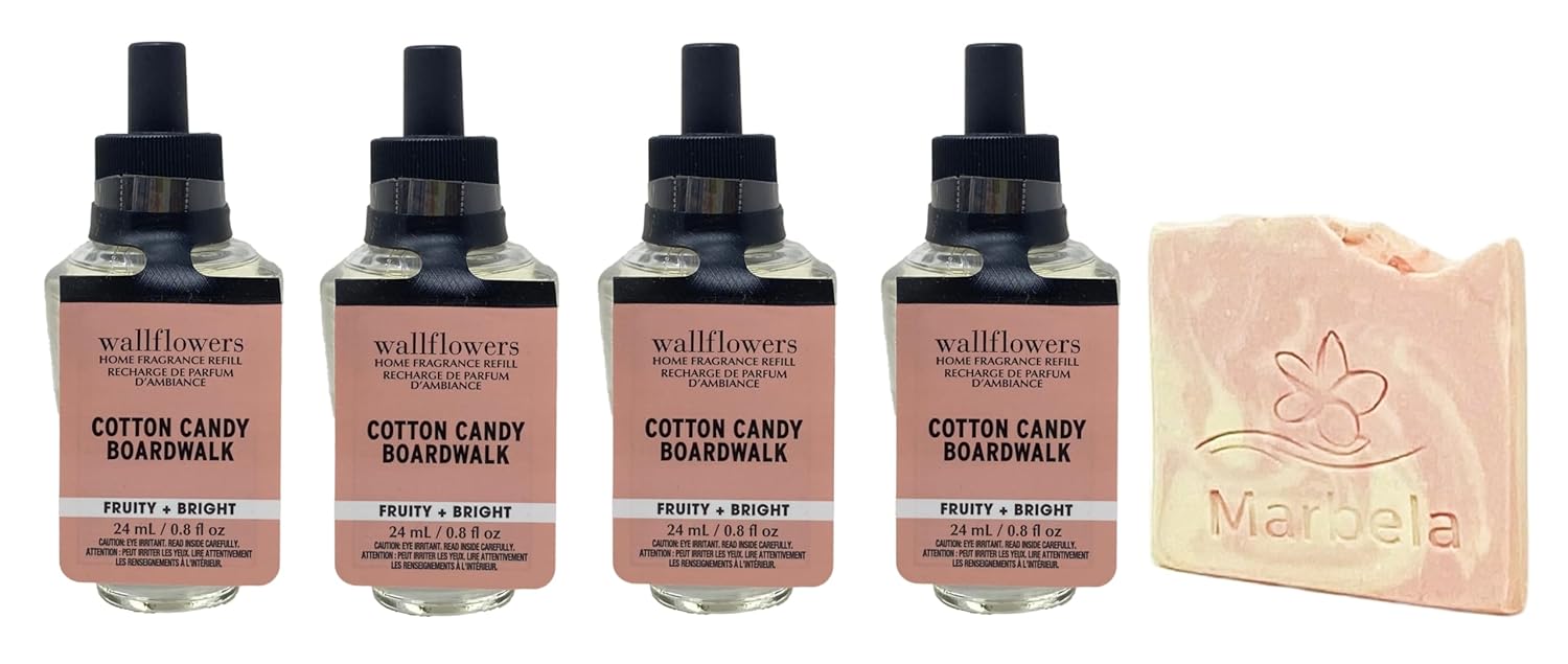 Bath & Body Works Cotton Candy Boardwalk Wallflowers Fragrance Refill Pack of 4 with a Himalayan Salts Springs Sample Soap.