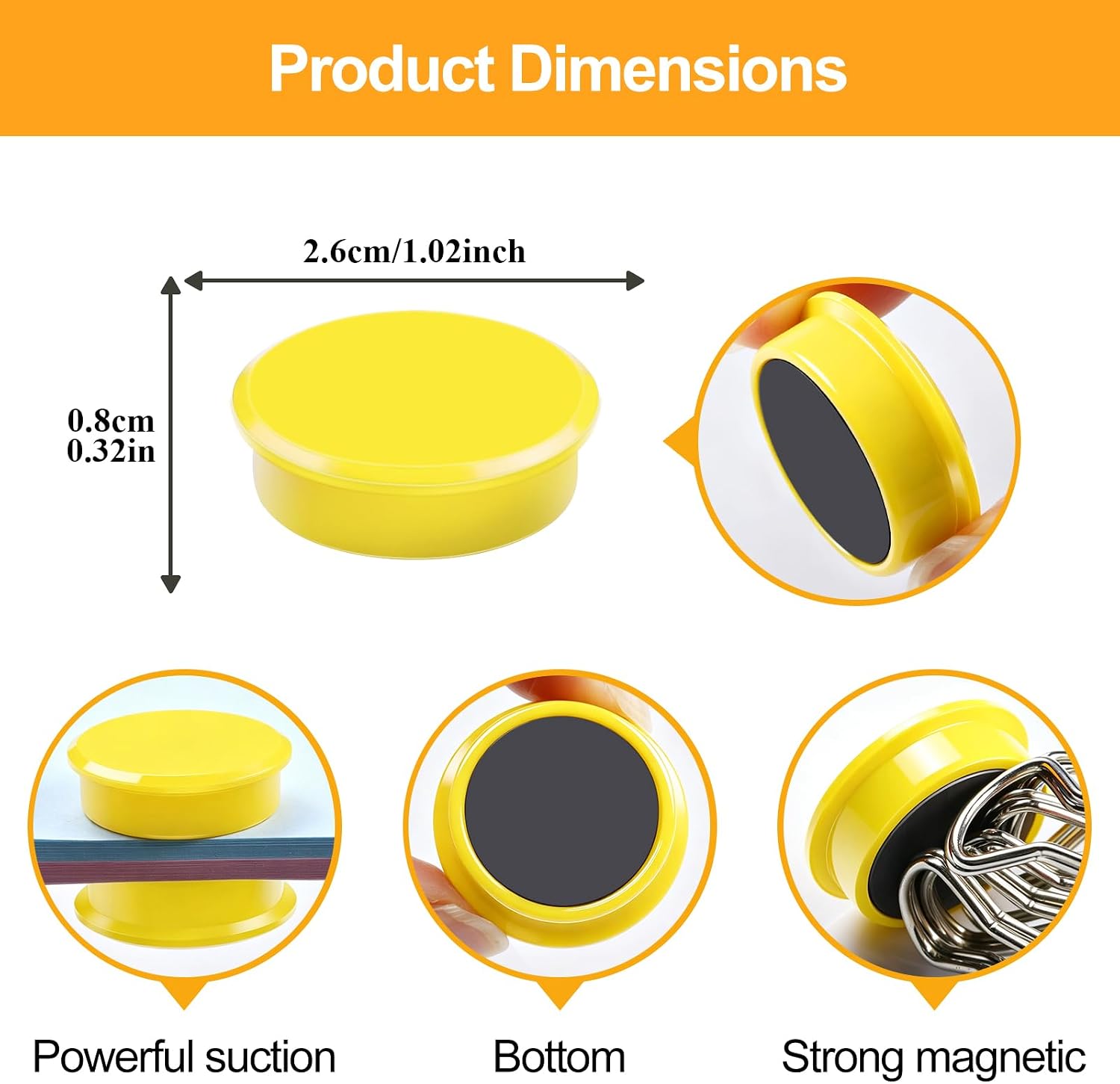 Fridge Magnets, 30pcs Strong Refrigerator Magnets, Heavy Duty Small Magnets for Whiteboard, Office, Classroom, Lockers, Maps, DIY Crafts - Cute Mini Round Magnet for Fridge, Kitchen (Yellow) image 2