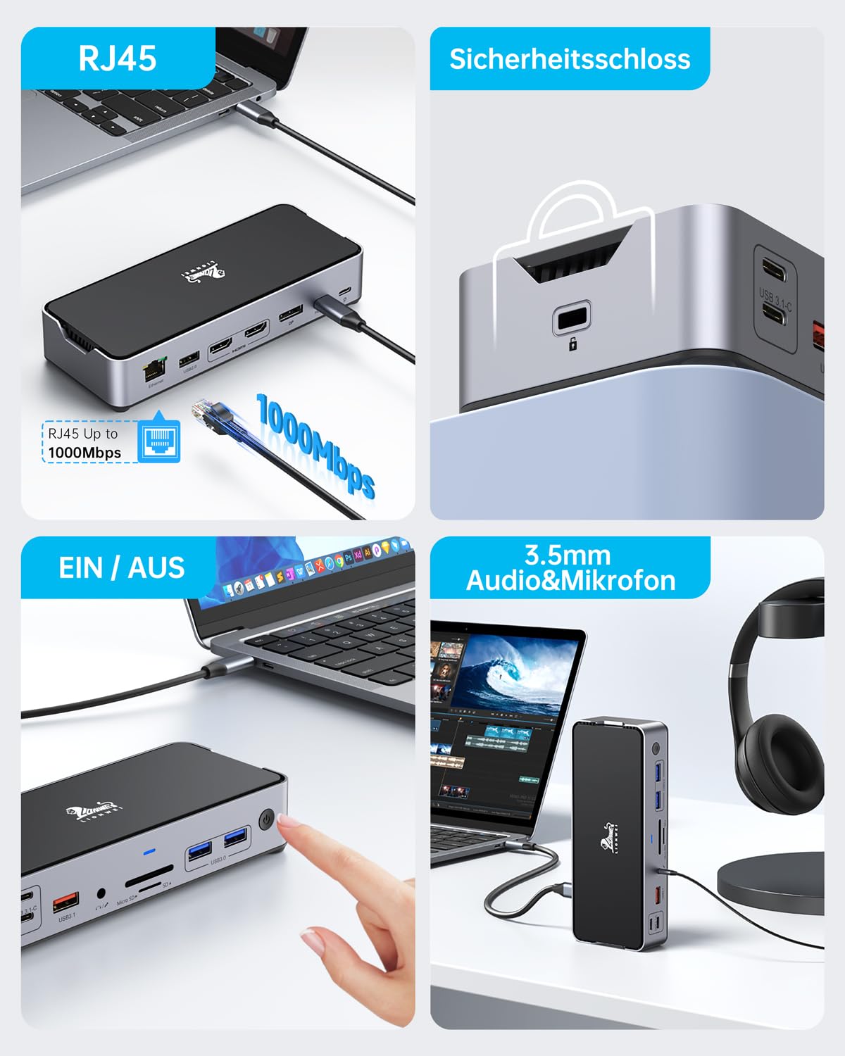 Estación de carga USB C con fuente de alimentación, 65 W, 1 m, 2 HDMI DP 8 K, pantalla 15 en 1, doble monitor, estación de acoplamiento triple, estación de acoplamiento 4K, DisplayPort 10 Gbps, USB