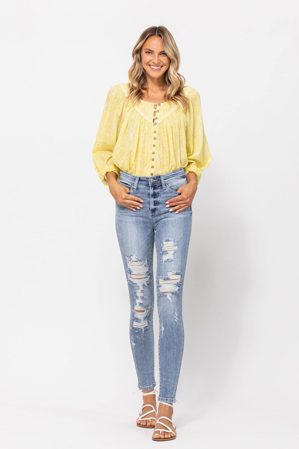 'Fiercely Bella Boutique' Hi-Rise Bleach Splash Destroyed Skinny Jeans (Style 82293)