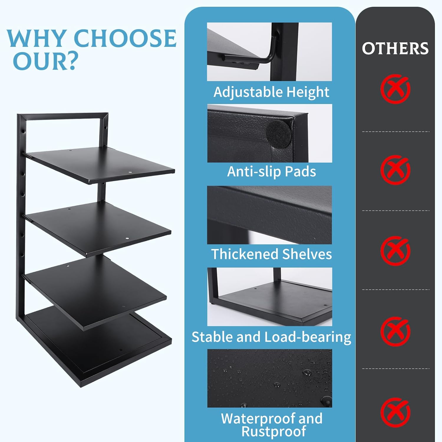 Rainmae 4-Tier Small Metal Bookshelf for Desktop, Adjustable Height Modern Bookcase, Space-Saving Book Storage Display Shelf Tabletop Organizer for Bedroom, Living Room, Office, Black