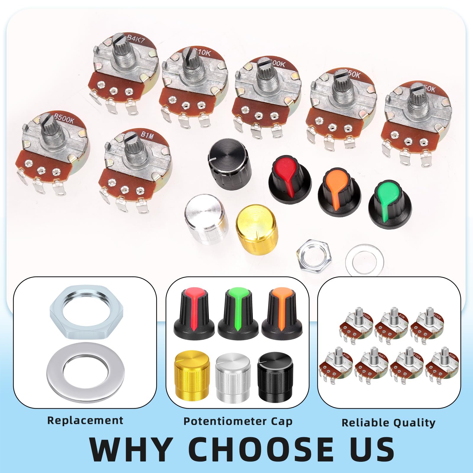 Glarks 57pcs WH138 Single Turn Rotary Linear Variable Potenziometro, B5K/B10K/B50K/B100K/B250K/B500K/B1M OHM 3 Pin Zigrinato Linear Rotary Taper Potenziometro con Lega di Alluminio e Set di Manopole