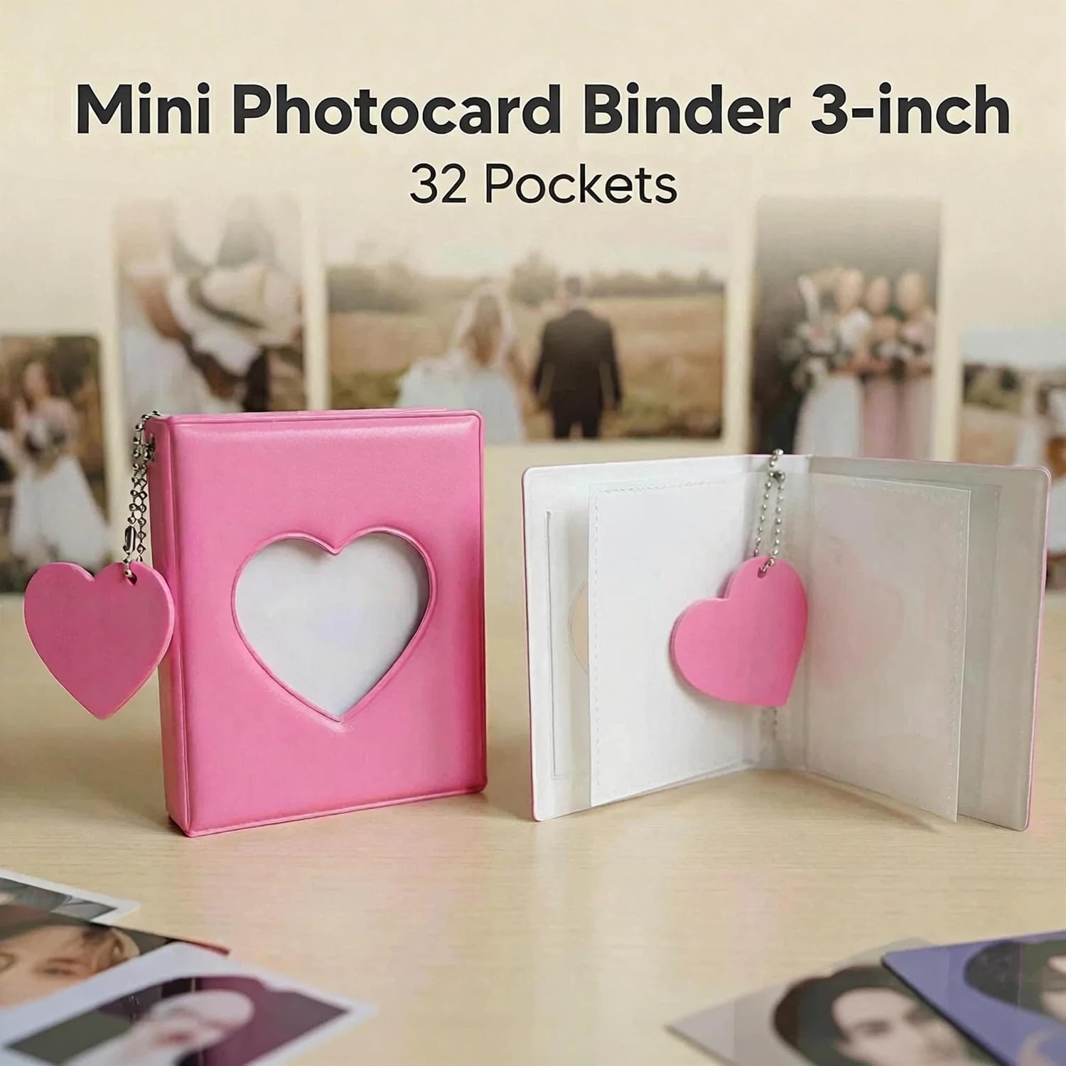 Mini 3-inch Heart Hollow Photocard Binder - 32 Pockets - Kpop Stars & Rustic Wedding Album(Pink)