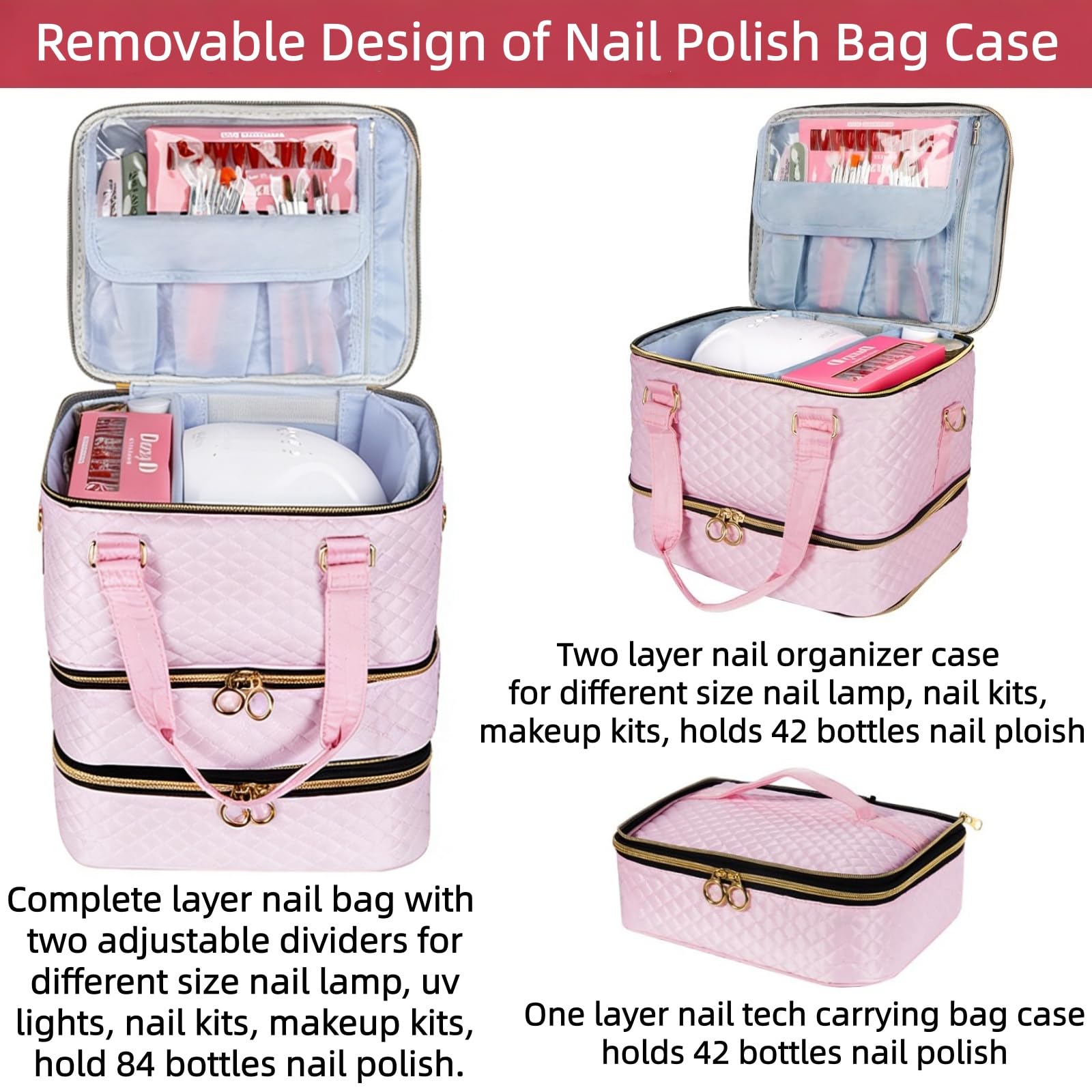 Nail Polish Organizer Bag, 3-Layer Nail Kit Storage Case with Shoulder Strap