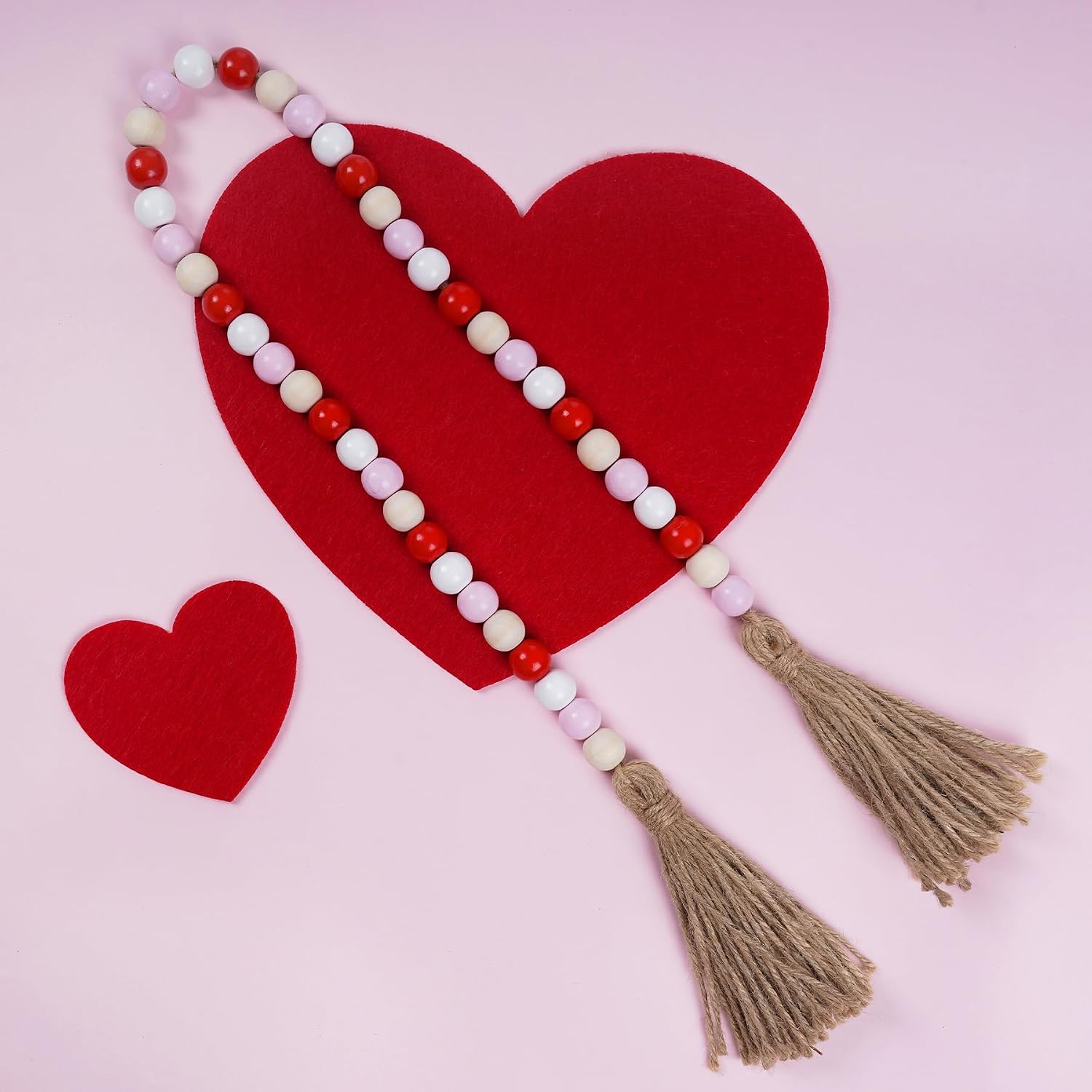Valentine's Day Wood Bead Garland with Tassel, Farmhouse Beads with Jute Rope Tassel, Wooden Beads Garland for Valentines Tiered Tray Decorations Party Present Home Decor (Red & Pink & White, 35.4 In)