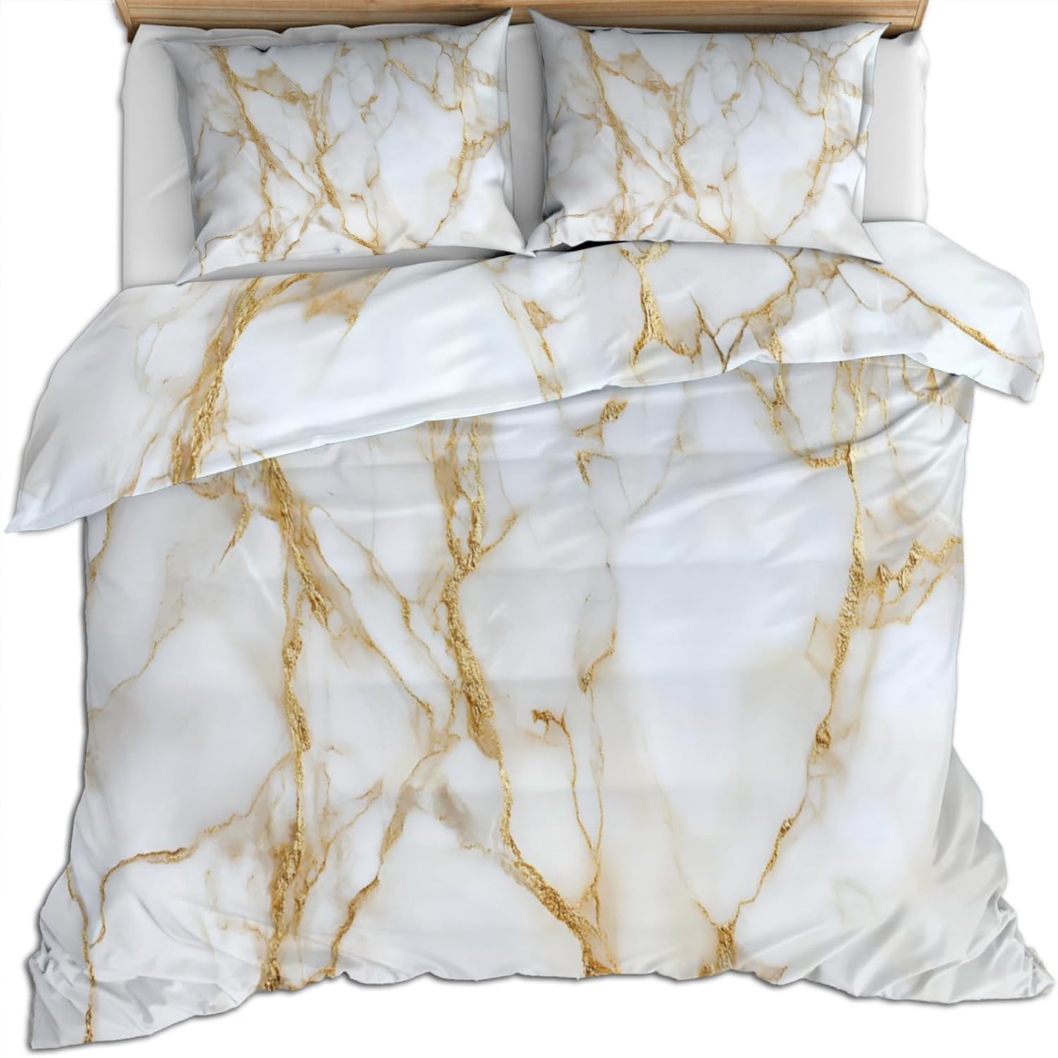 Marble Duvet Cover Queen Size - Gold Texture Home Decor & Gifts, 3 Piece Back to School Dorm Bedding, Easy Care Microfiber Comforter Cover & Pillowcases, Luxury Marble