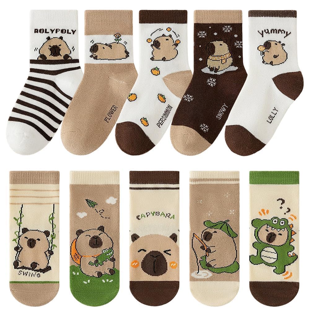 Fcxvxcl Unisex Kids Capybara1 Capybara Socks 10 Pairs Kids Cartoon Sock Novelty Socks Multicolour Animal Pattern Ankle Length Cosy Breathable Cotton Anti Skid Sock Gifts For Children 5-8 Years