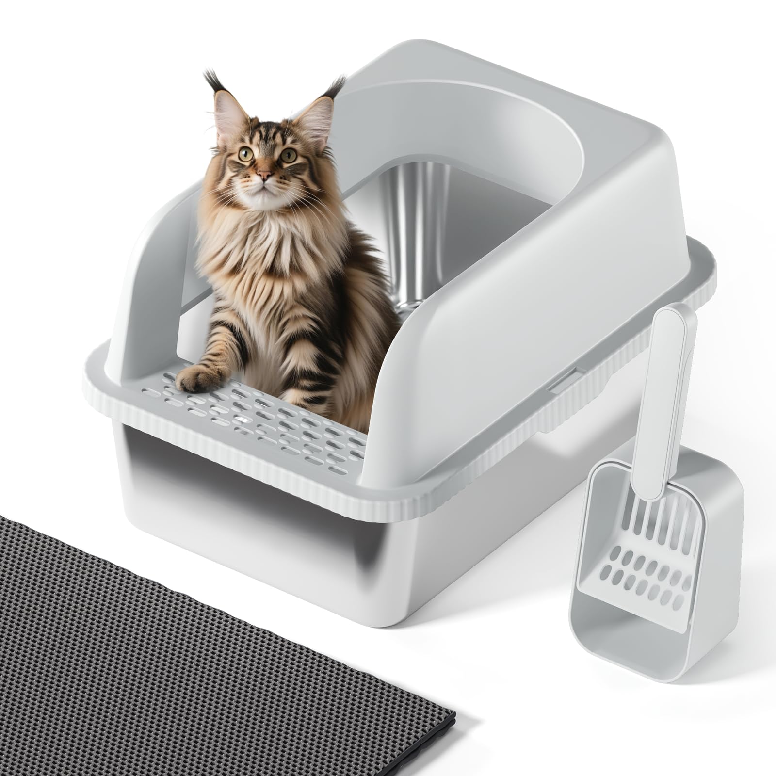 Stainless Steel Cat Litter Box with Lid, 20" L x 14.2" W x11.8 H, Large Cat Litter Box for Multiple Cats with High Sided, No-Leak & Stick, Easy to Clean, Includes Litter Mat & Multi Functional Scoop