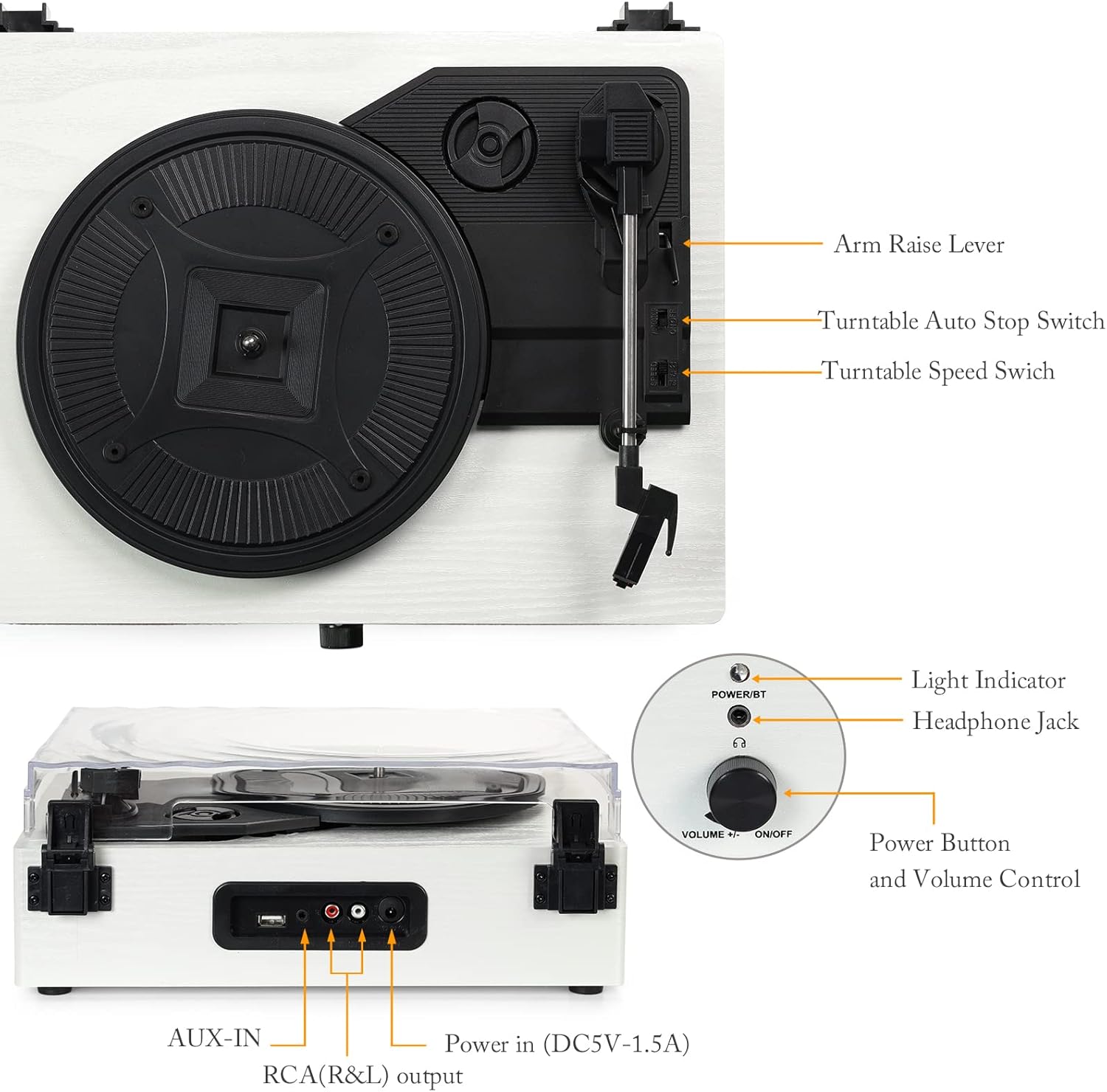 Labeled components of Udreamer UD001 turntable