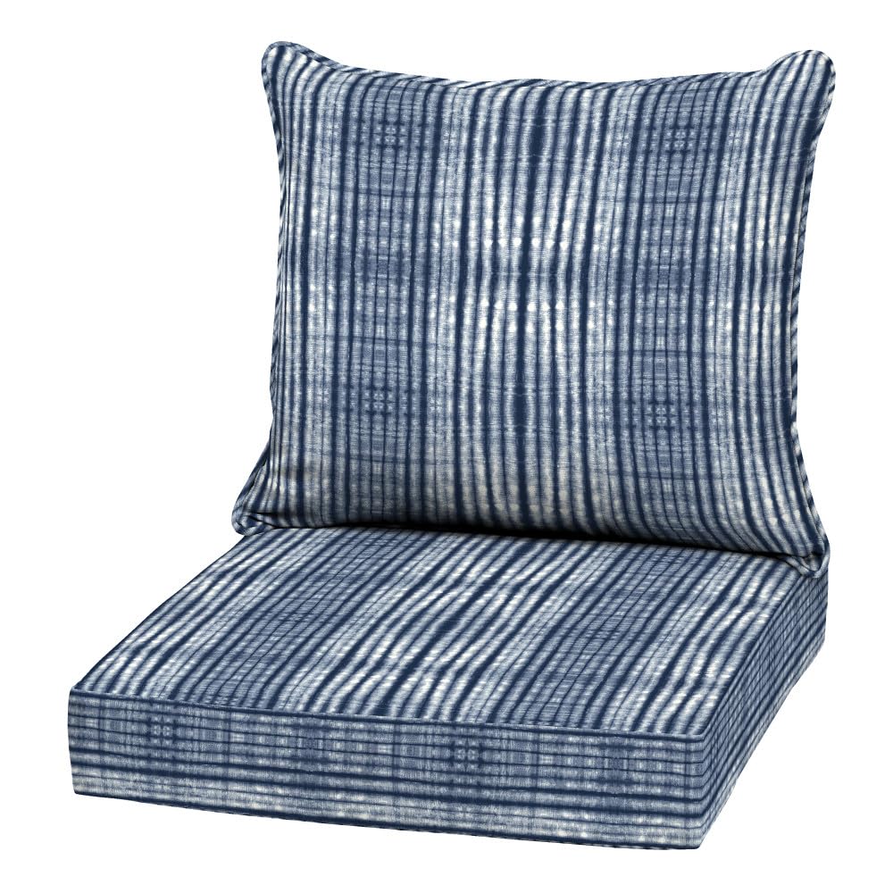 Arden Outdoor Deep Seat Cushion Set, 22 in x 24 in, Weather-Proof, Rain-Proof, Fade Resistant Patio Cushion Blue Shibori Stripe