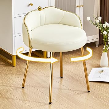 Cute Vanity Chair with Low Back, Small Vanity Stools with Gold Legs No Wheels, Modern Swivel Makeup Desk Chair for Vanity Bedroom Dress Room, Beige
