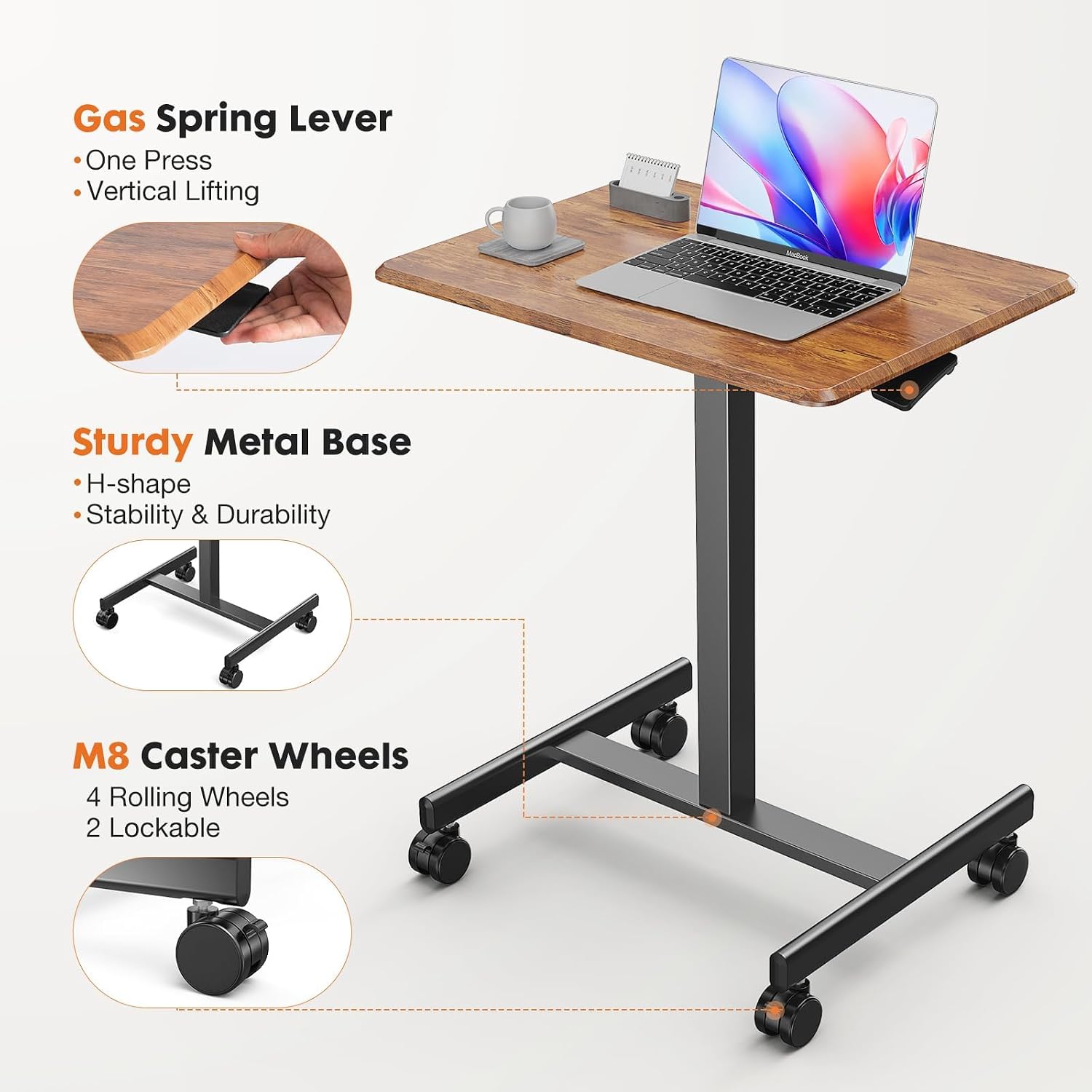 InfiniPower Mobile Small Standing Desk - Rolling Desk with Adjustable Height and Lockable Wheels, Sit-Stand Laptop Table, Portable Computer Workstation, Brown