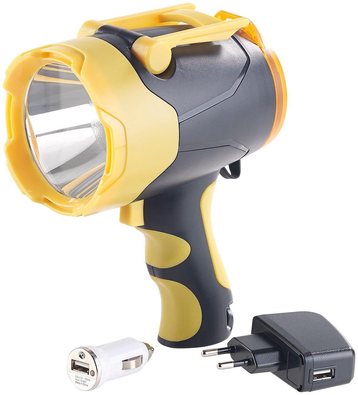 Lunartec Handstrahler: Akku-LED-Handlampe, 10 Watt, bis 400 m Leuchtweite, Powerbank-Funktion (Handscheinwerfer, Akku Handscheinwerfer, Notfall)