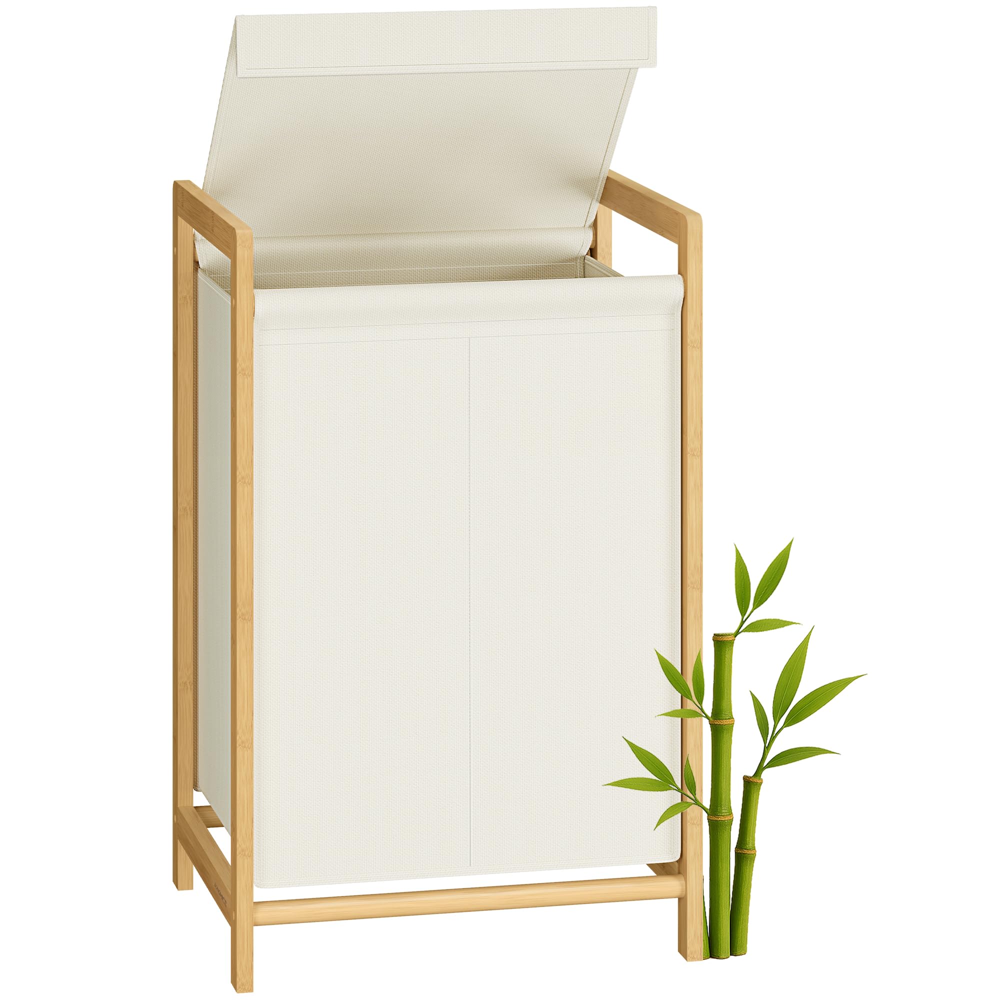 SONGMICS Cesto para Ropa Sucia de 2 Compartimentos, Marco de Bambú, Tapa Reforzada y Extraíble, Bolsa Interior Desmontable, 100 L, Blanco Crema RLH102WD01