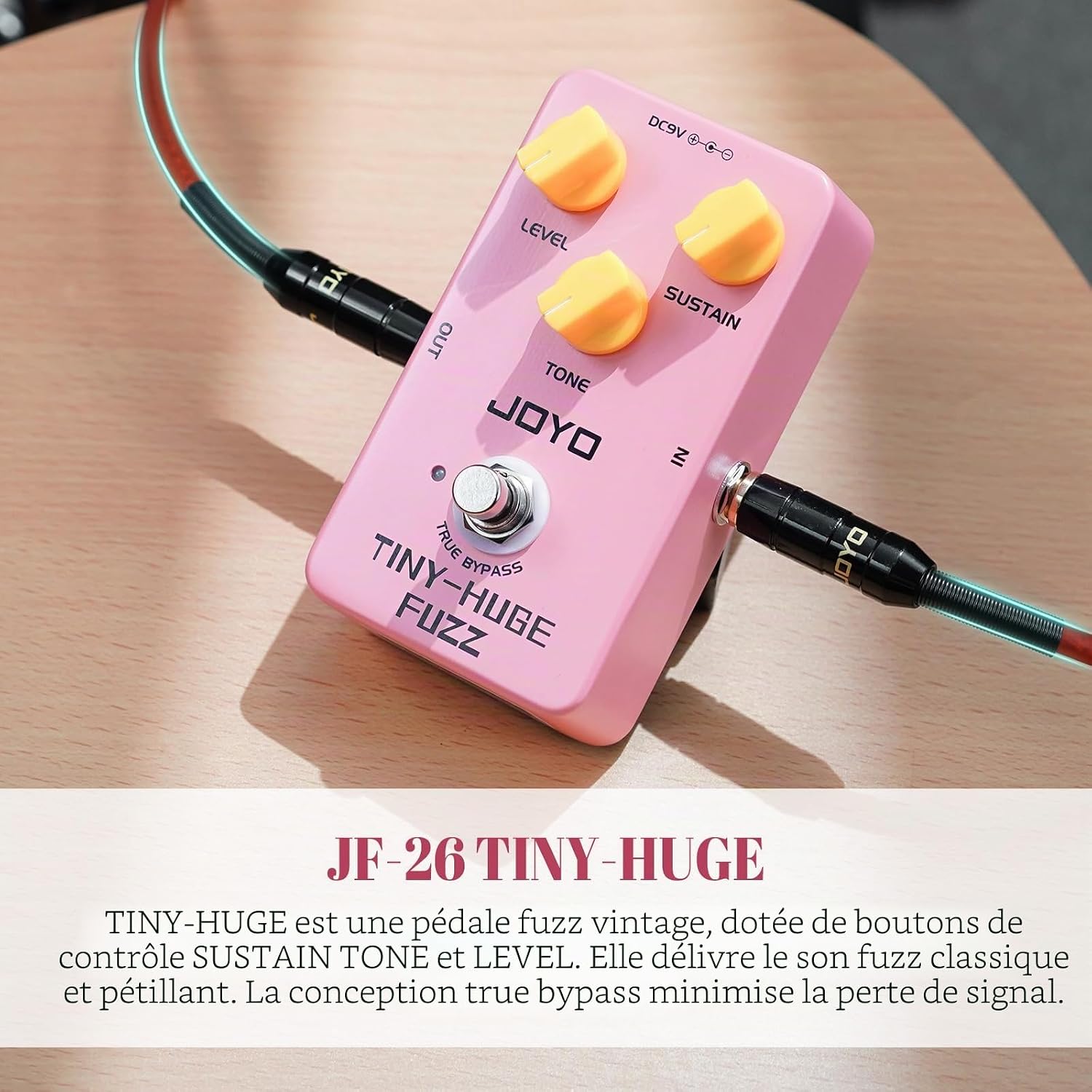 JOYO JF-26 Fuzz Pedal connected to guitar cables.