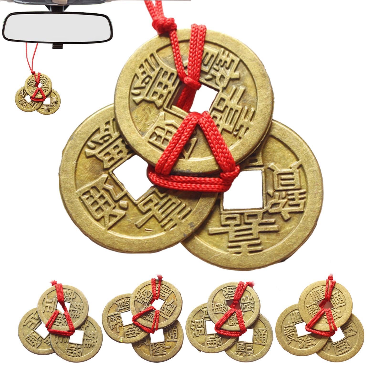 Feng Shui, moneta szczęścia chińskiej monety - moneta starożytnej chińskiej dynastii z czerwonym sznurkiem - Feng Shui prowizoryczna moneta szczęścia, starożytna moneta