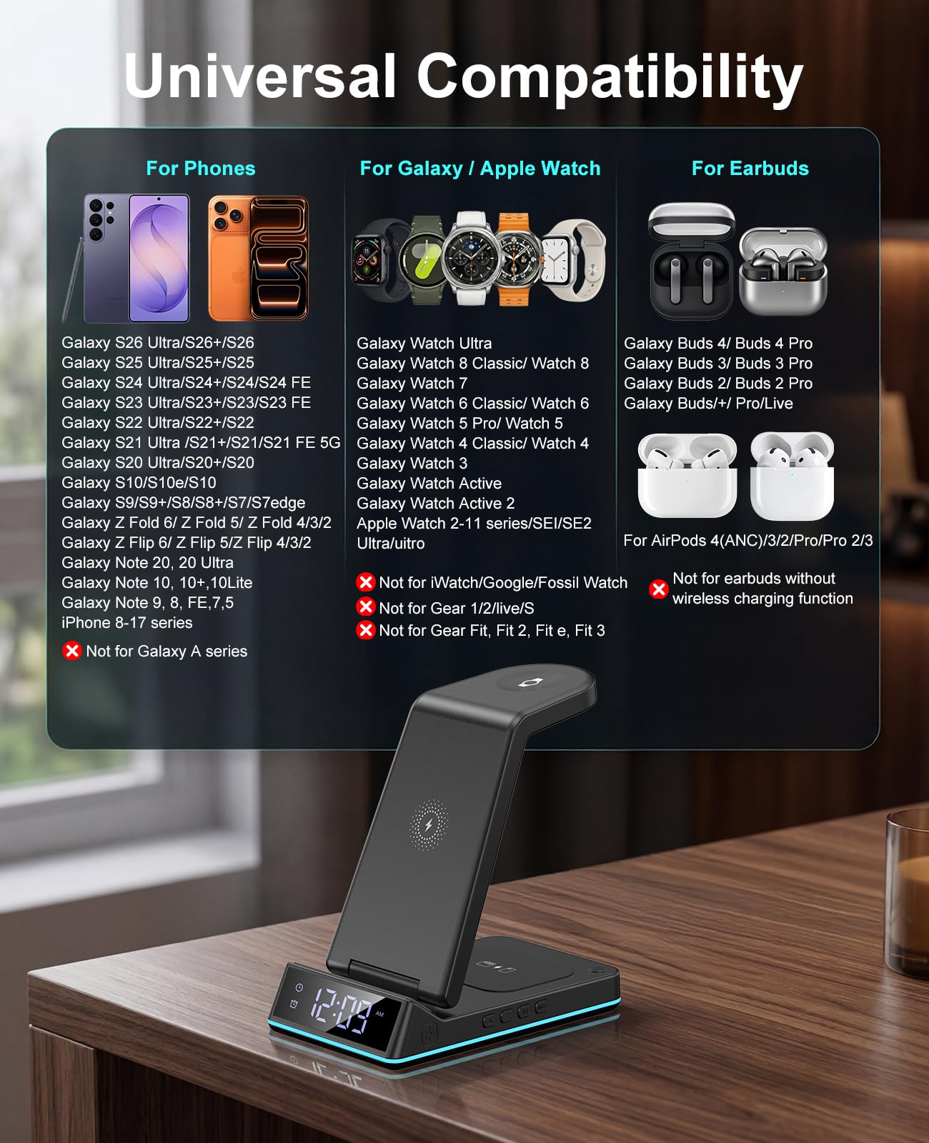 Cargador inalámbrico para Samsung, estación de carga inalámbrica 3 en 1, soporte plegable de carga rápida con luz nocturna/reloj despertador para Samsung Galaxy S25 Ultra/S24/S23/S22/S21/Galaxy Watch