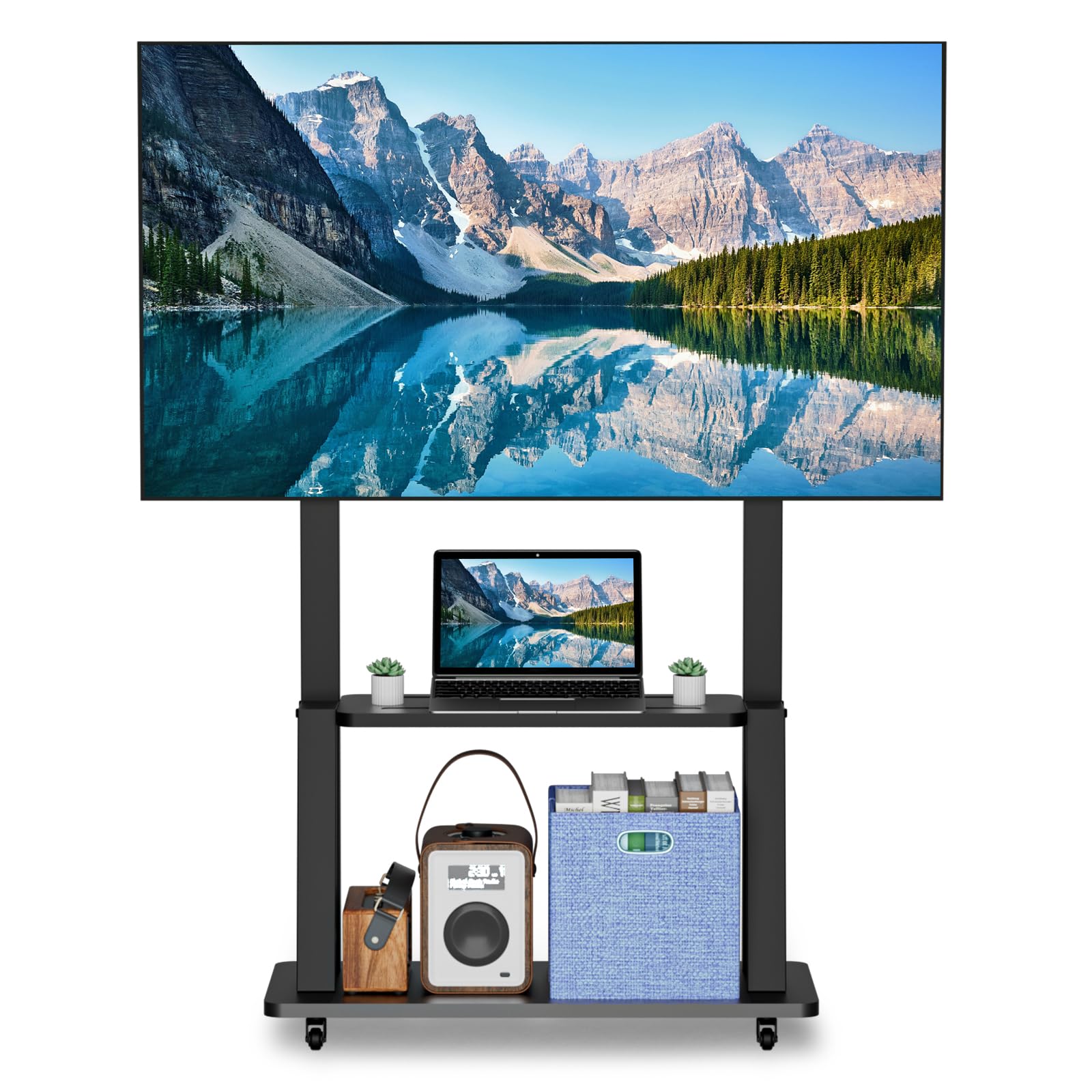 rolling tv stand, mobile tv cart with wheels for 32-75 inch tv, portable tv stand with shelf,hight adjustable,holds up to 130lbs, vesa 600×400