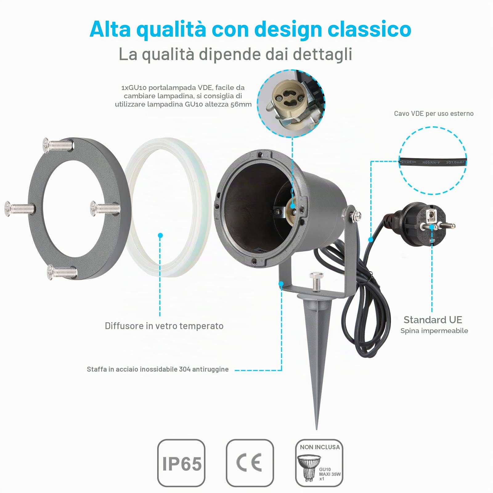Confezione da 2 Faretti/Faretto da Esterno Giardino con Picchetto, GU10 Antracite Alluminio Luci per Sentieri/Sentiero 2M Cavo con Spina, IP65 Impermeabile Lampada da Giardino per Terra, Pianta | Lampada da giardino GU10 in alluminio antracite con corrent