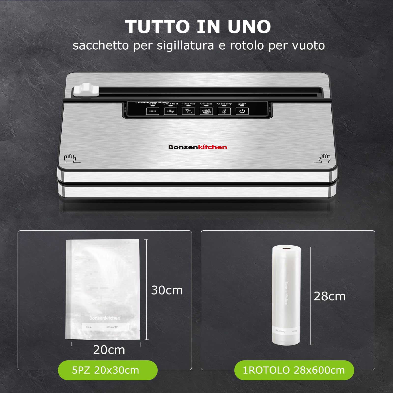Bonsenkitchen Macchine Sottovuoto Alimenti, 5 Modalità di Sottovuoto Alimenti,8 L/min,Tecnologia Globefish per Lavoro Continuo ad Alta Velocità,Include 5 Sacchetti Sottovuoto e 1 Sacchetto in Rotolo